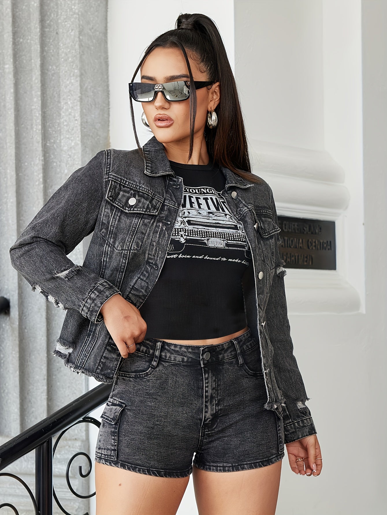 vlovelaw Long Sleeves Lapel Denim Coat, Ripped Holes Frayed Hem Casual Denim Jacket, Women's Denim Clothing