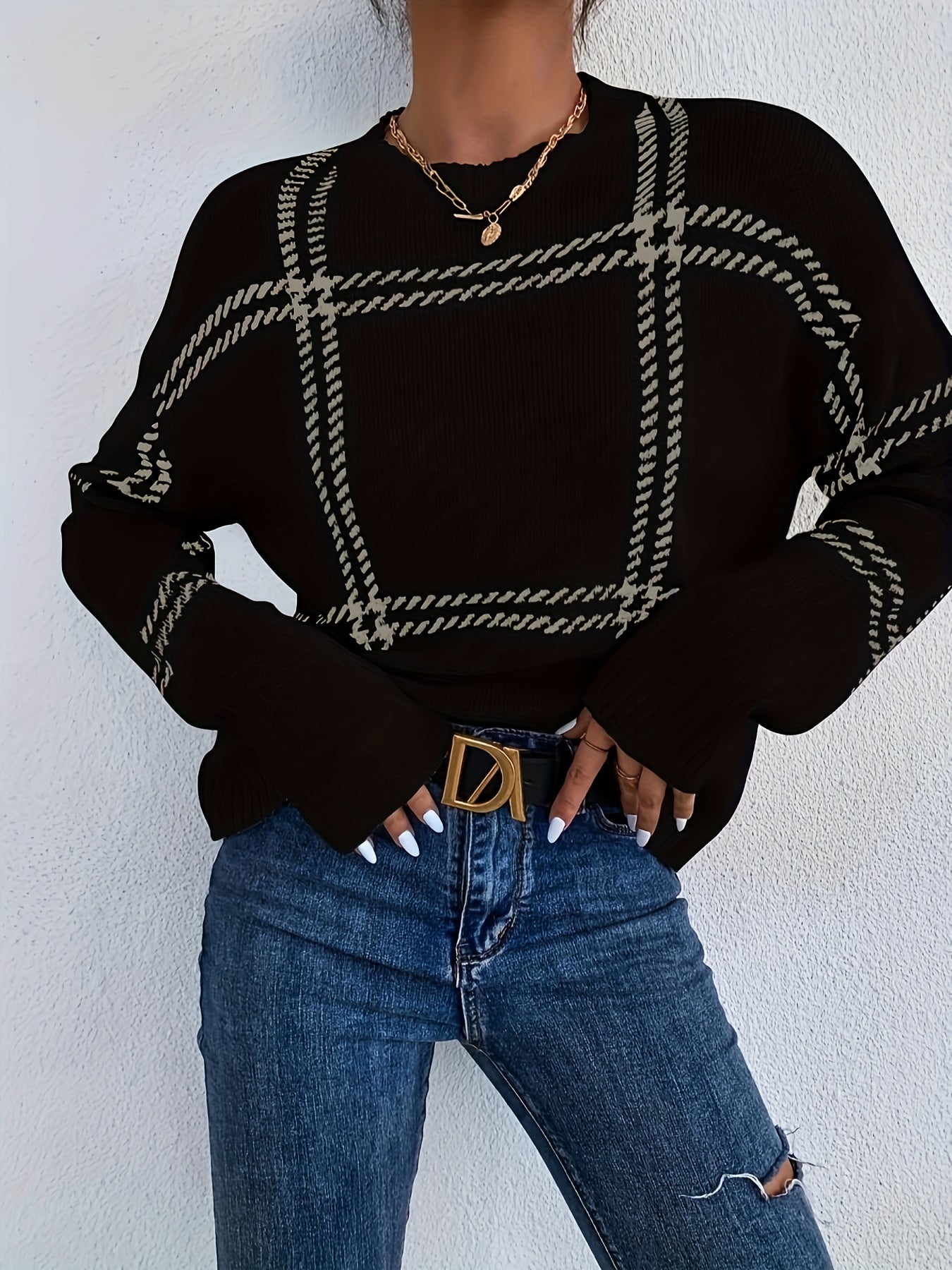 vlovelaw Plaid Crew Neck Pullover Sweater, Casual Long Sleeve Drop Shoulder Sweater For Fall & Winter, Women's Clothing
