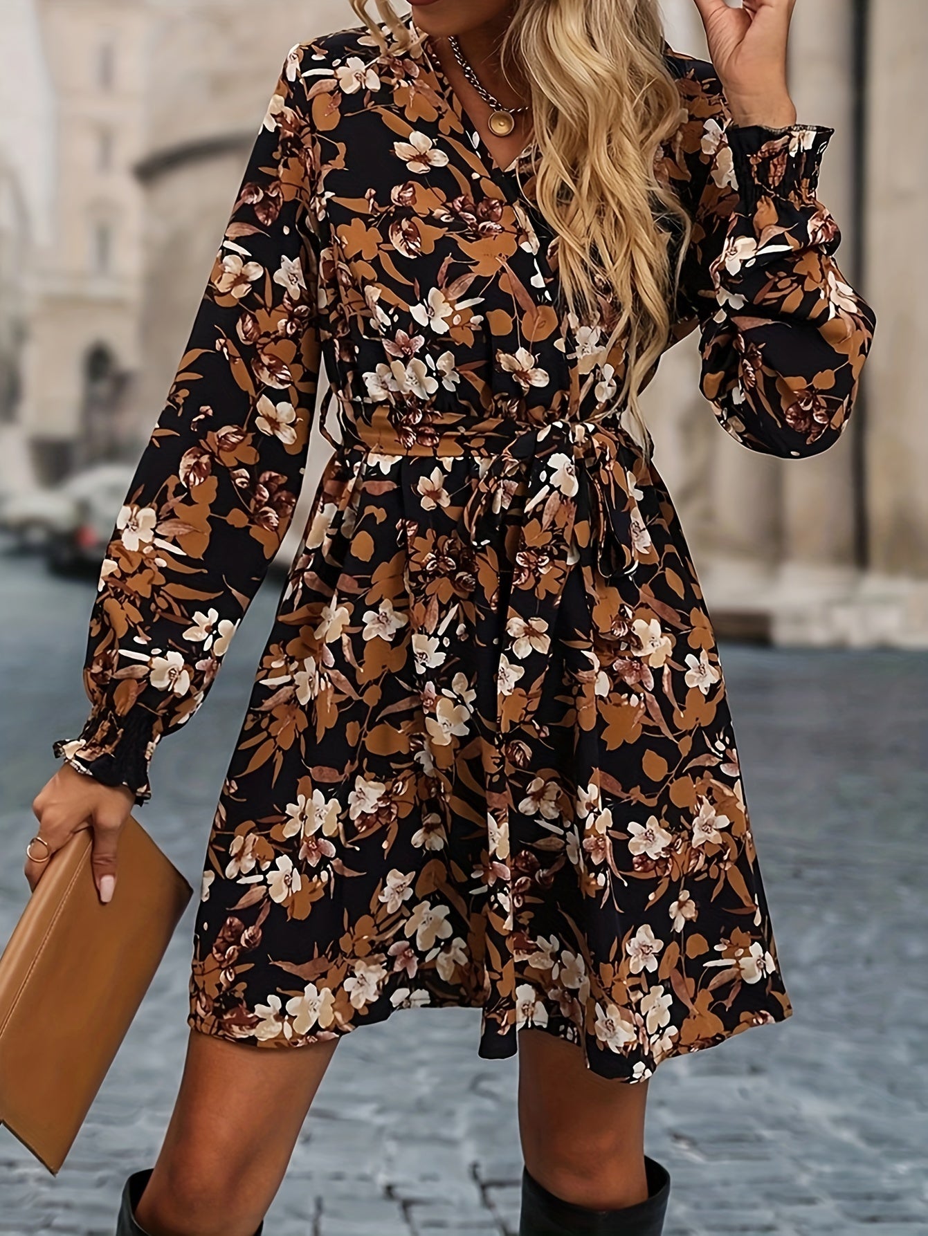 Floral Print Shirred Lantern Sleeve Dress, Casual V Neck Tie-waist Dress, Women's Clothing