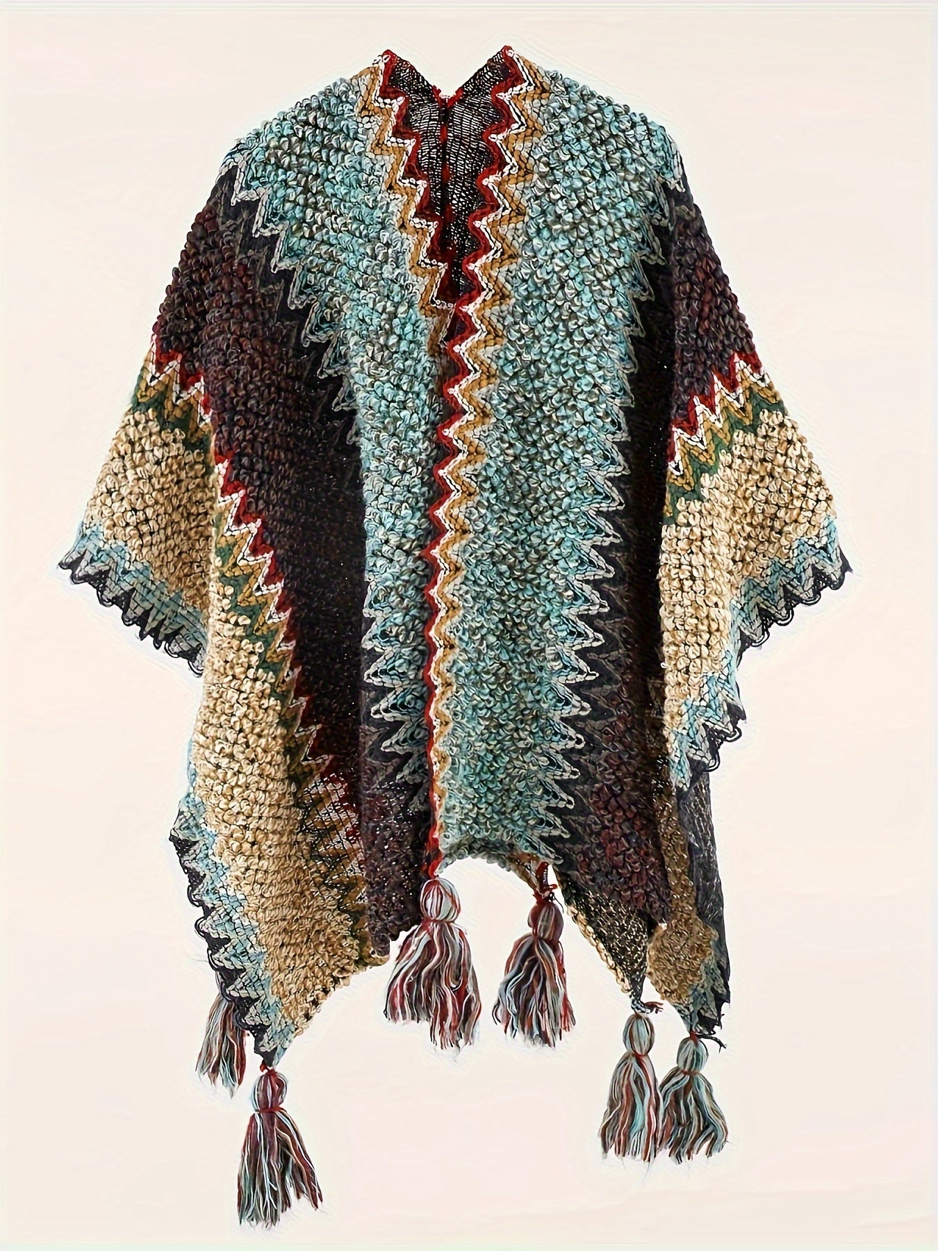 vlovelaw Plus Size Boho Cover Up, Women's Plus Chevron Pattern Tassel Decor Open Front Cape Shawl