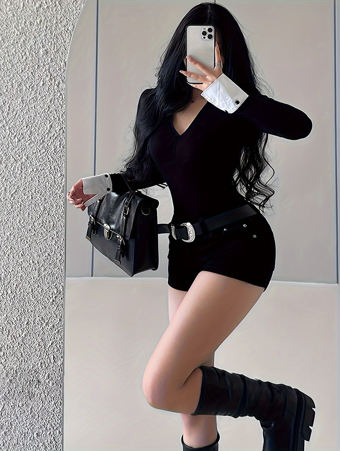 vlovelaw Color Block V Neck Skinny T-Shirt, Stylish Long Sleeve Splicing T-Shirt For Spring & Fall, Women's Clothing