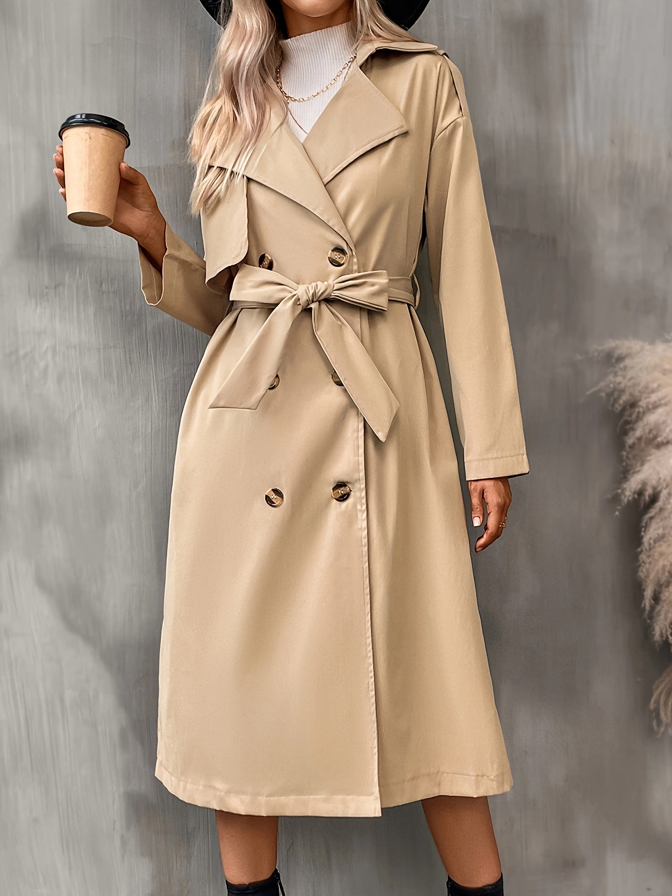 vlovelaw Double Breasted Belted Trench Coat, Vintage Solid Lapel Drop Shoulder Overcoat, Women's Clothing