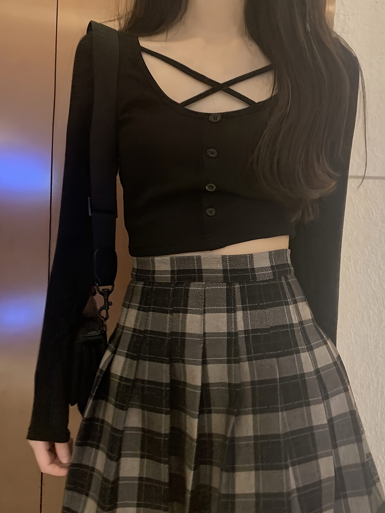 vlovelaw Button Front Crisscross Crop T-Shirt, Casual Long Sleeve T-Shirt For Spring & Fall, Women's Clothing
