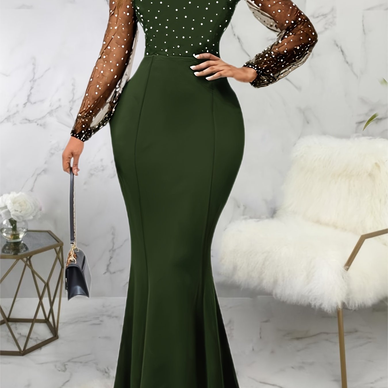 Solid Sheer Sleeve Dress, Elegant Crew Neck Mermaid Bodycon Maxi Party Dress, Women's Clothing