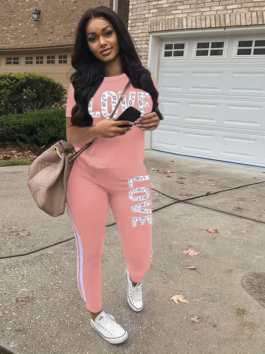 Casual Letter Print Two-piece Set, Short Sleeve T-shirt & Side Striped Pants Outfits, Women's Clothing