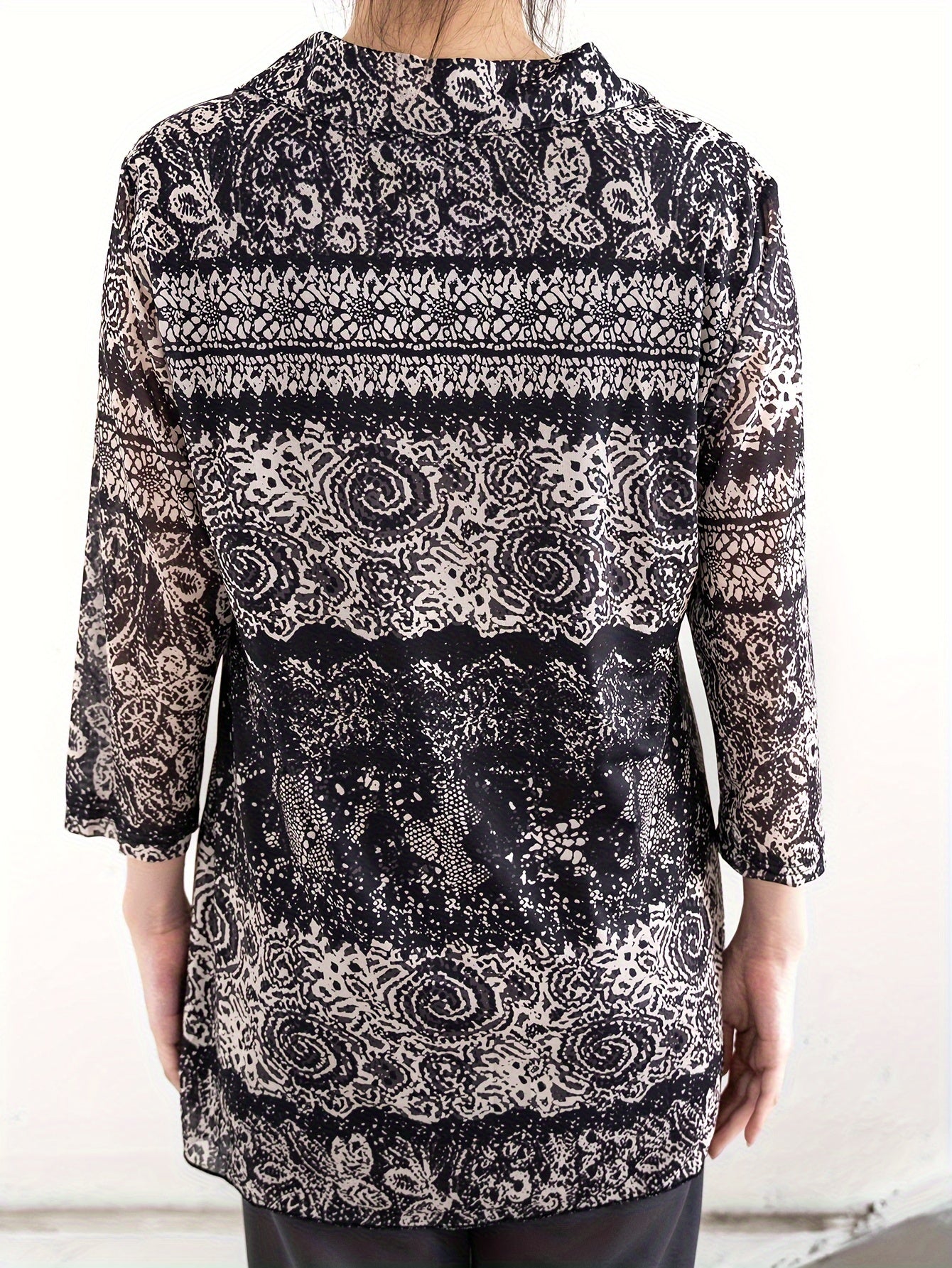 All Over Print V Neck Blouse, Elegant Long Sleeve Blouse For Spring & Fall, Women's Clothing