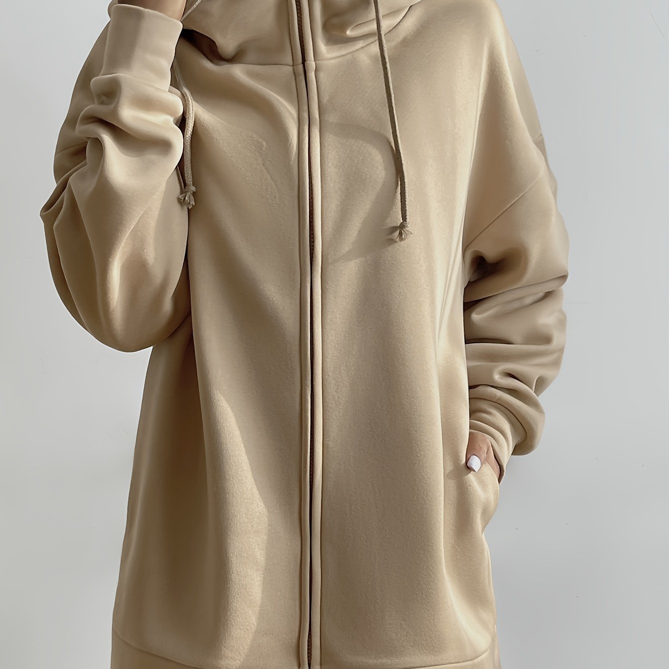 vlovelaw Solid Color Casual Sports Hooded Zipper Sweatshirs, Long Sleeve Drawstring Hoodie, Women's Sporty Sweatshirts