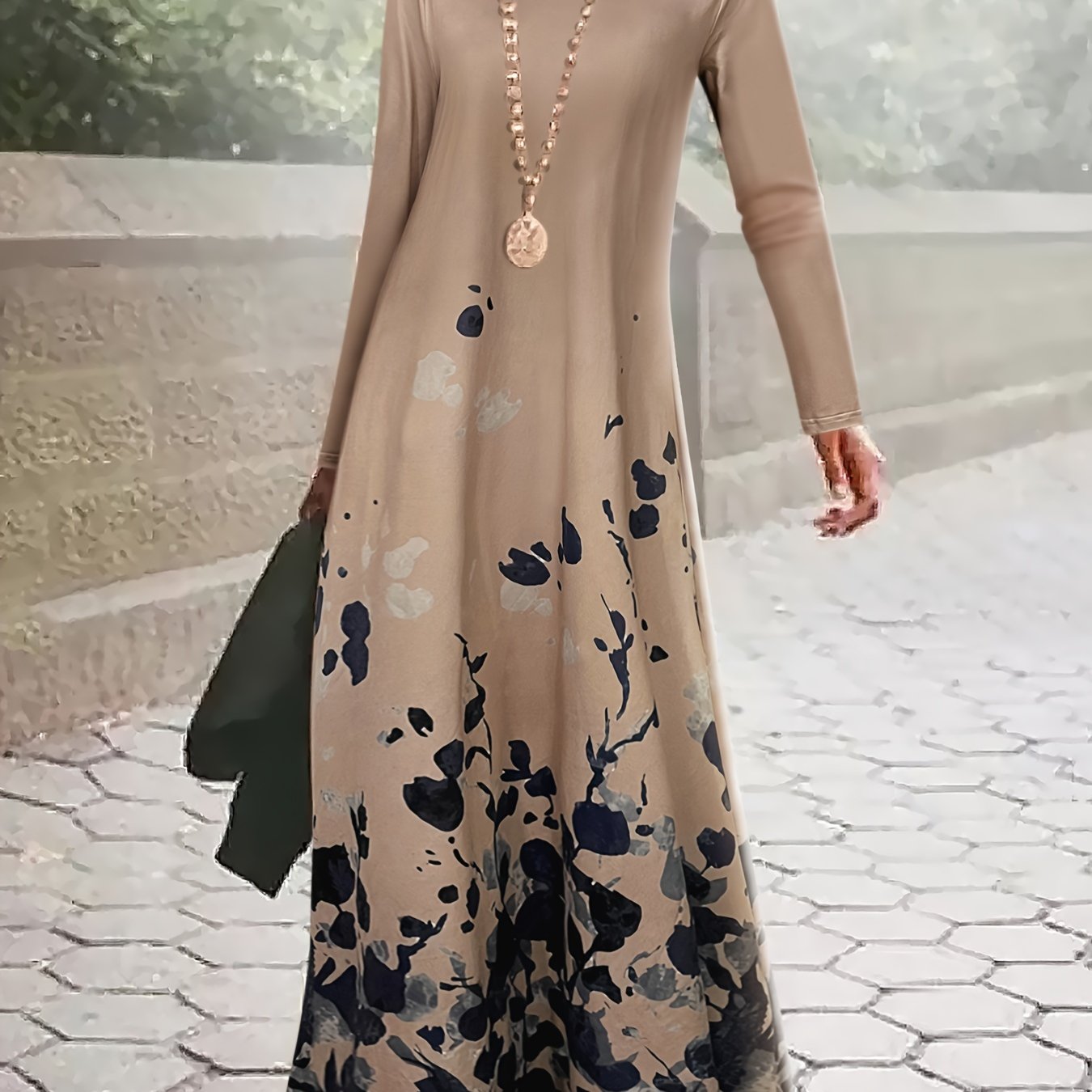 Floral Print Maxi Dress, Elegant Crew Neck Long Sleeve Dress, Women's Clothing