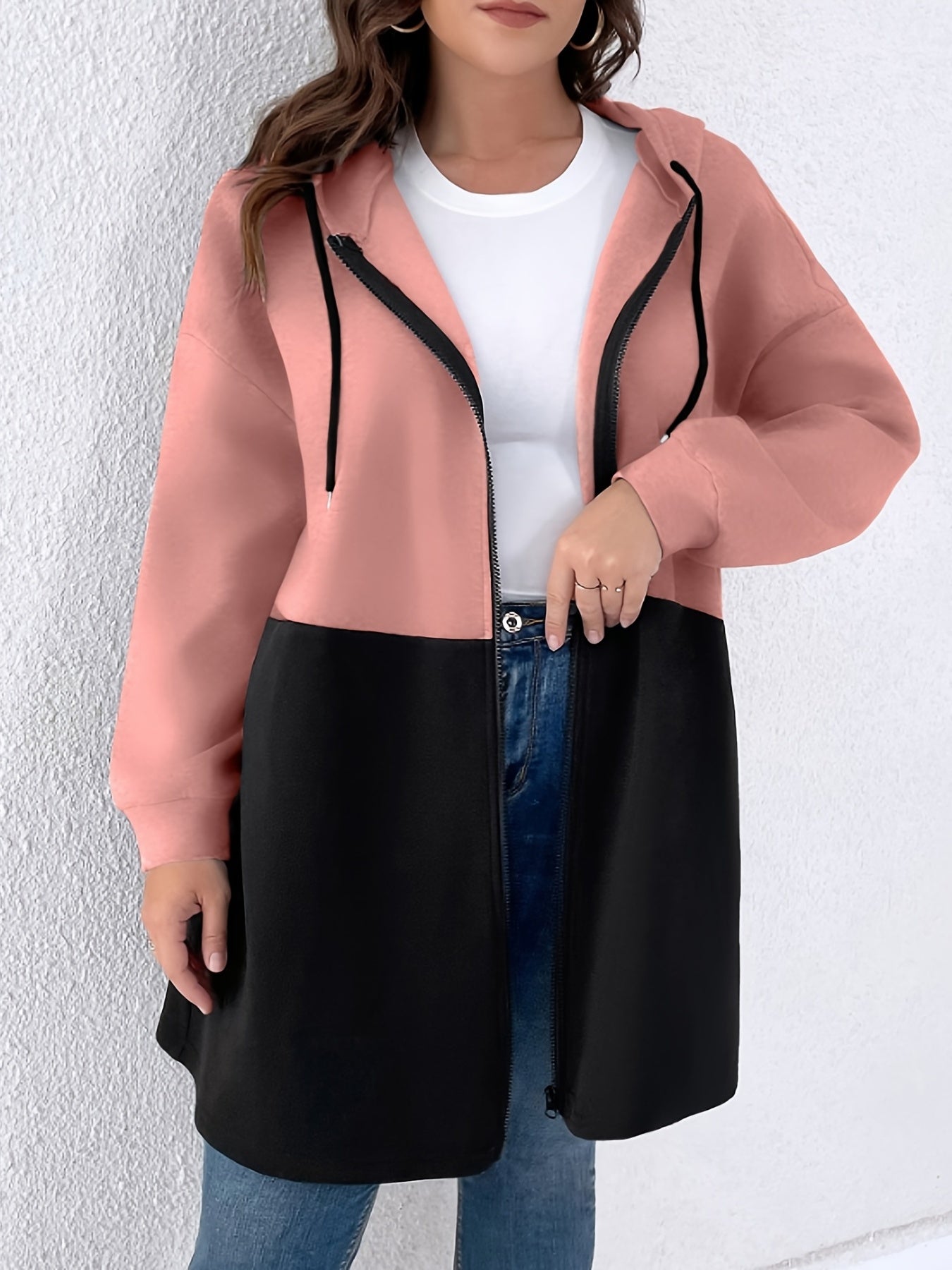 vlovelaw Plus Size Casual Coat, Women's Plus Colorblock Geometric Print Long Sleeve Hooded Zipper Coat