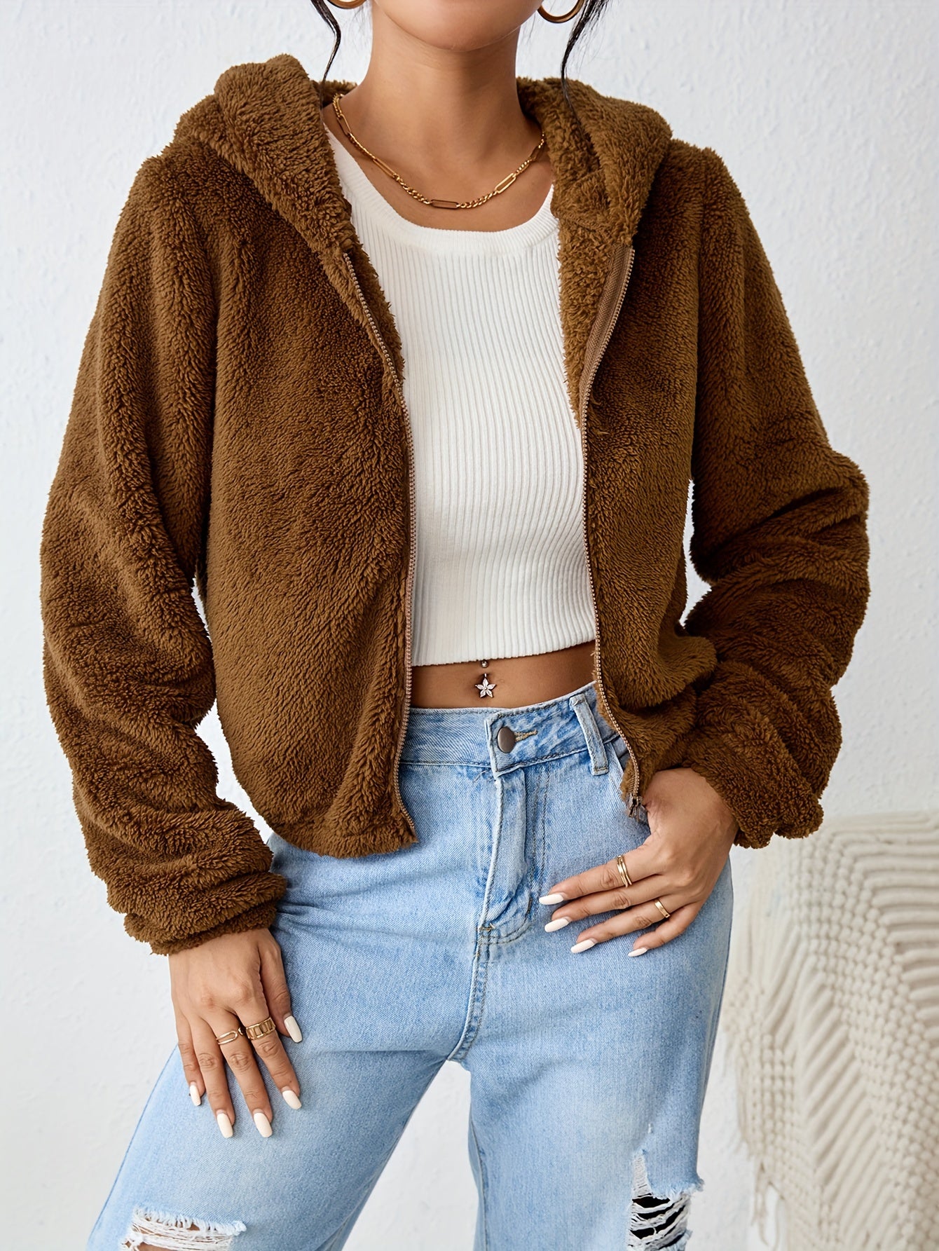 Bear Ears Hooded Fall & Winter Jacket, Elegant Solid Zip Up Long Sleeve Outerwear, Women's Clothing