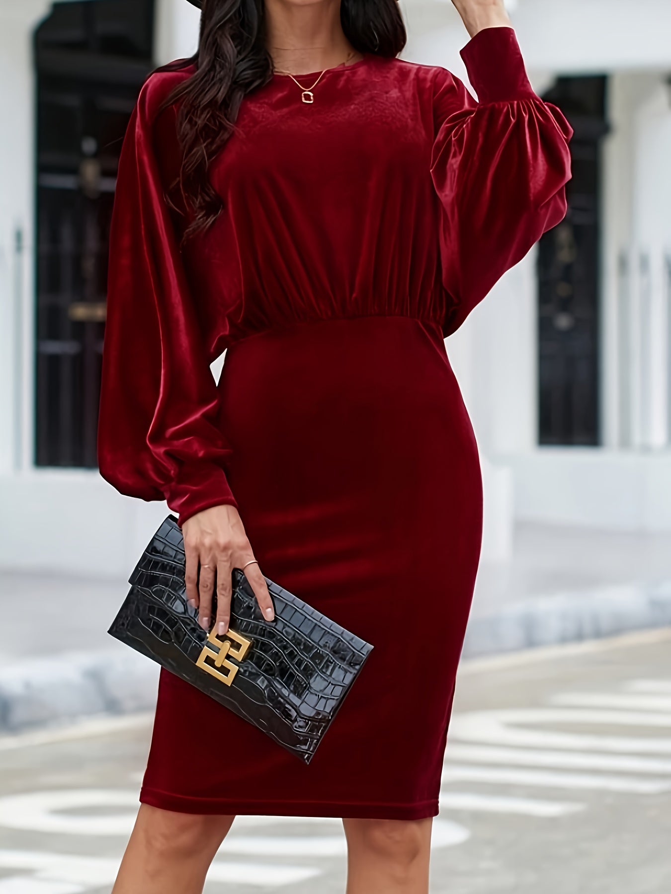 Solid Bodycon Knee Length Dress, Elegant Long Sleeve Crew Neck Dress, Women's Clothing