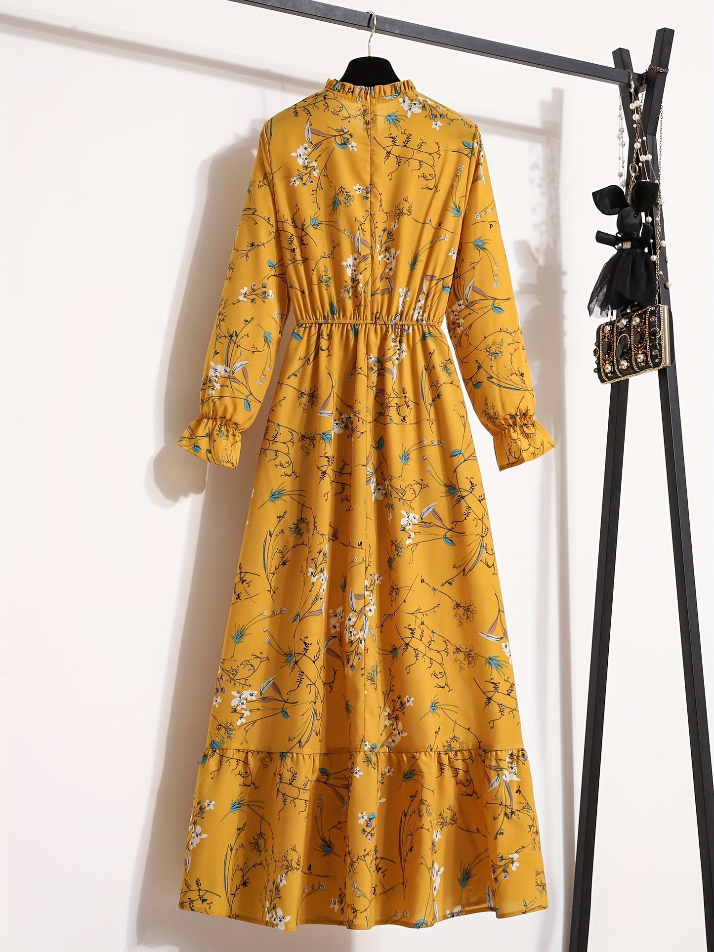 Floral Print Ruffle Trim Dress, Elegant Stand Collar Long Sleeve Maxi Dress, Women's Clothing