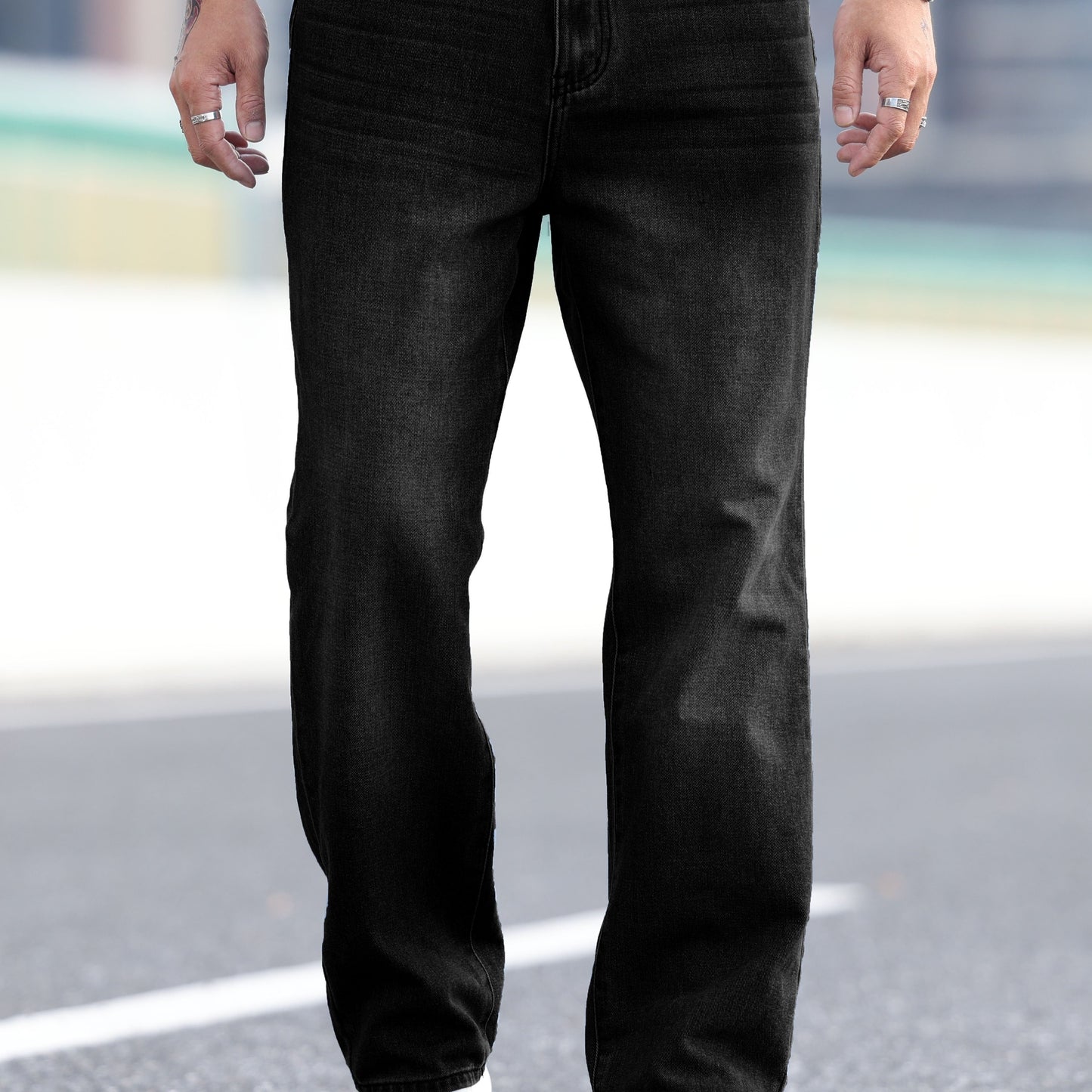 vlovelaw Classic Design Cotton Blend Distressed Jeans, Men's Casual Drawstring Regular Fit Denim Pants For All Seasons