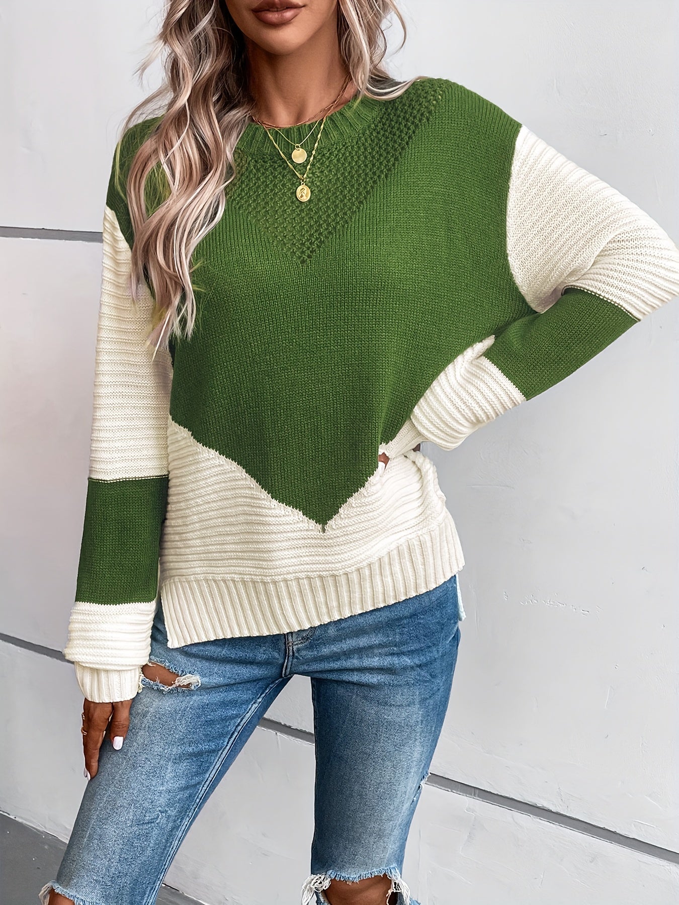 Color Block Crew Neck Sweater, Casual Long Sleeve Split Side Sweater, Women's Clothing