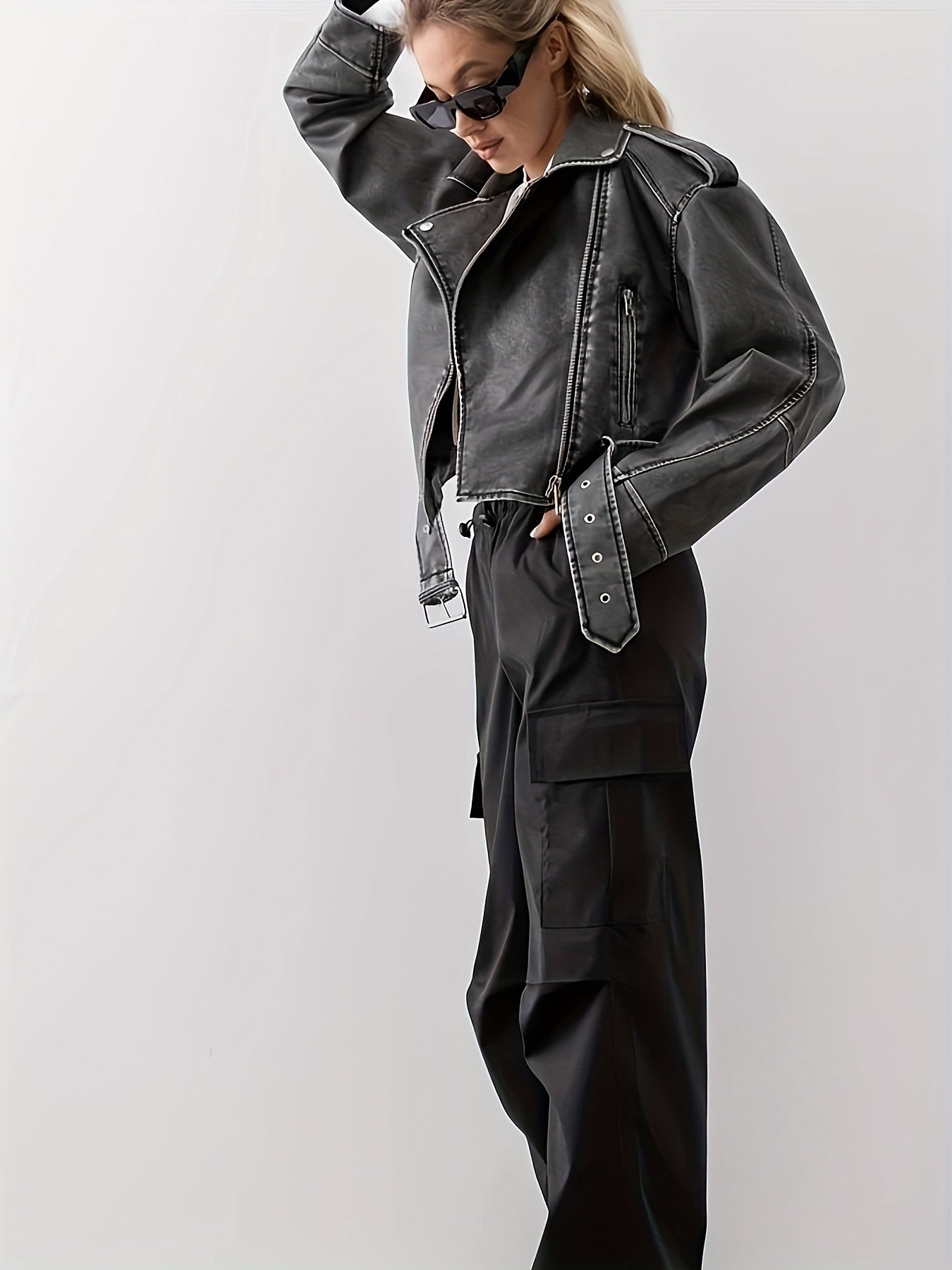 vlovelaw  Faux Leather Pockets Motor Jacket, Casual Long Sleeve Crop Jacket For Fall & Winter, Women's Clothing