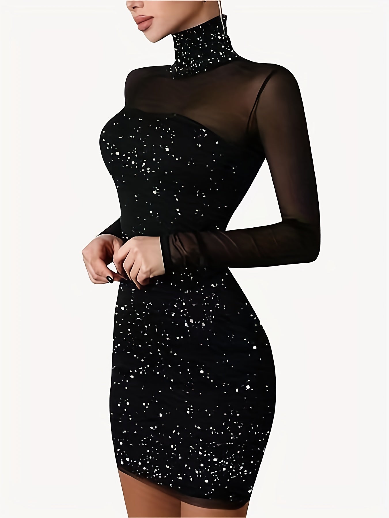 Sheer Splicing Dress, Sexy Solid High Collar Long Sleeve Bodycon Evening Dress, Women's Clothing