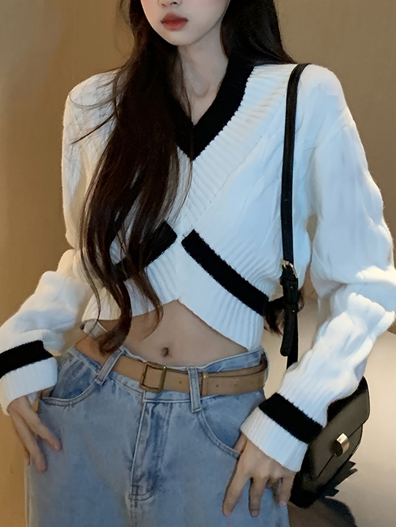 vlovelaw Color Block V Neck Pullover Sweater, Casual Long Sleeve Drop Shoulder Sweater, Women's Clothing