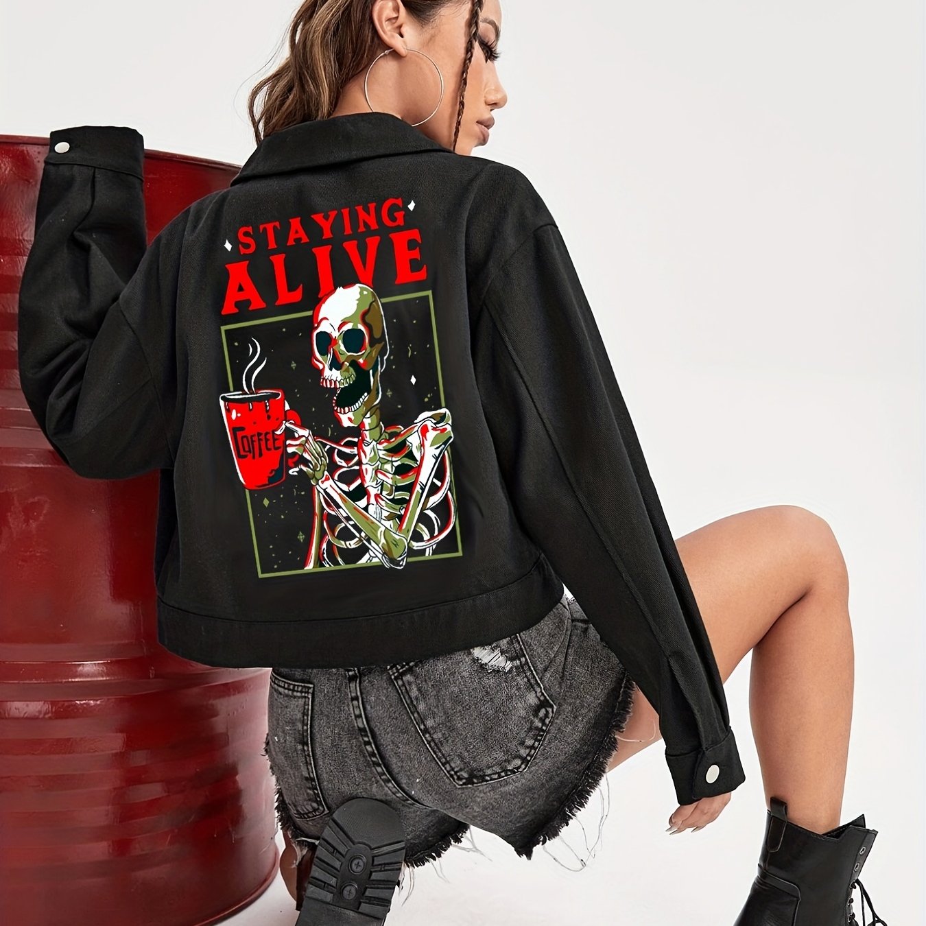 Halloween Skeleton Pattern Denim Coat, Long Sleeves Lapel Denim Jacket, Women's Denim Clothing