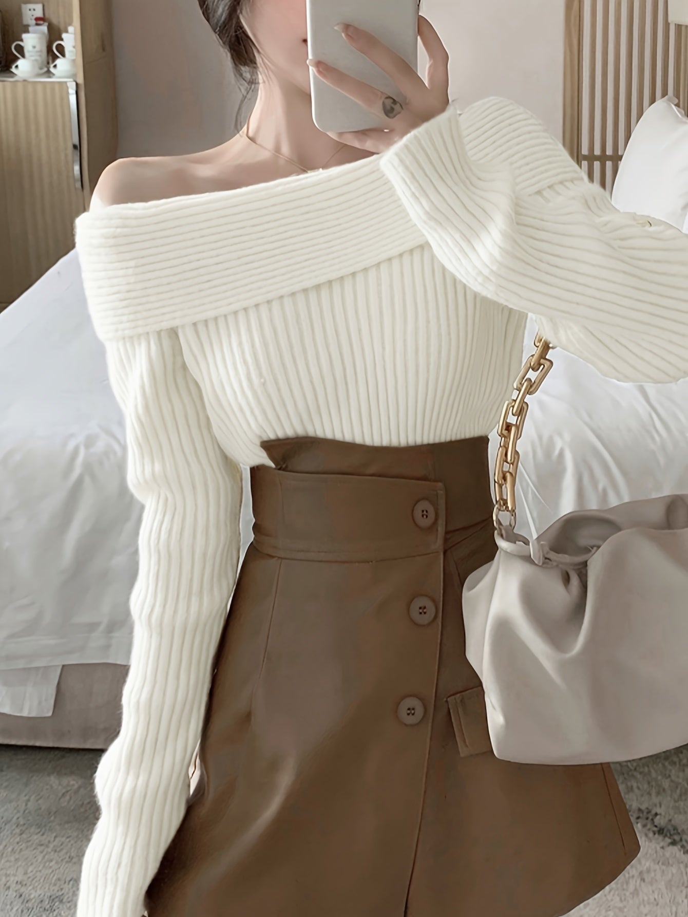 vlovelaw Solid Off Shoulder Knit Sweater, Casual Long Sleeve Pullover Sweater, Women's Clothing