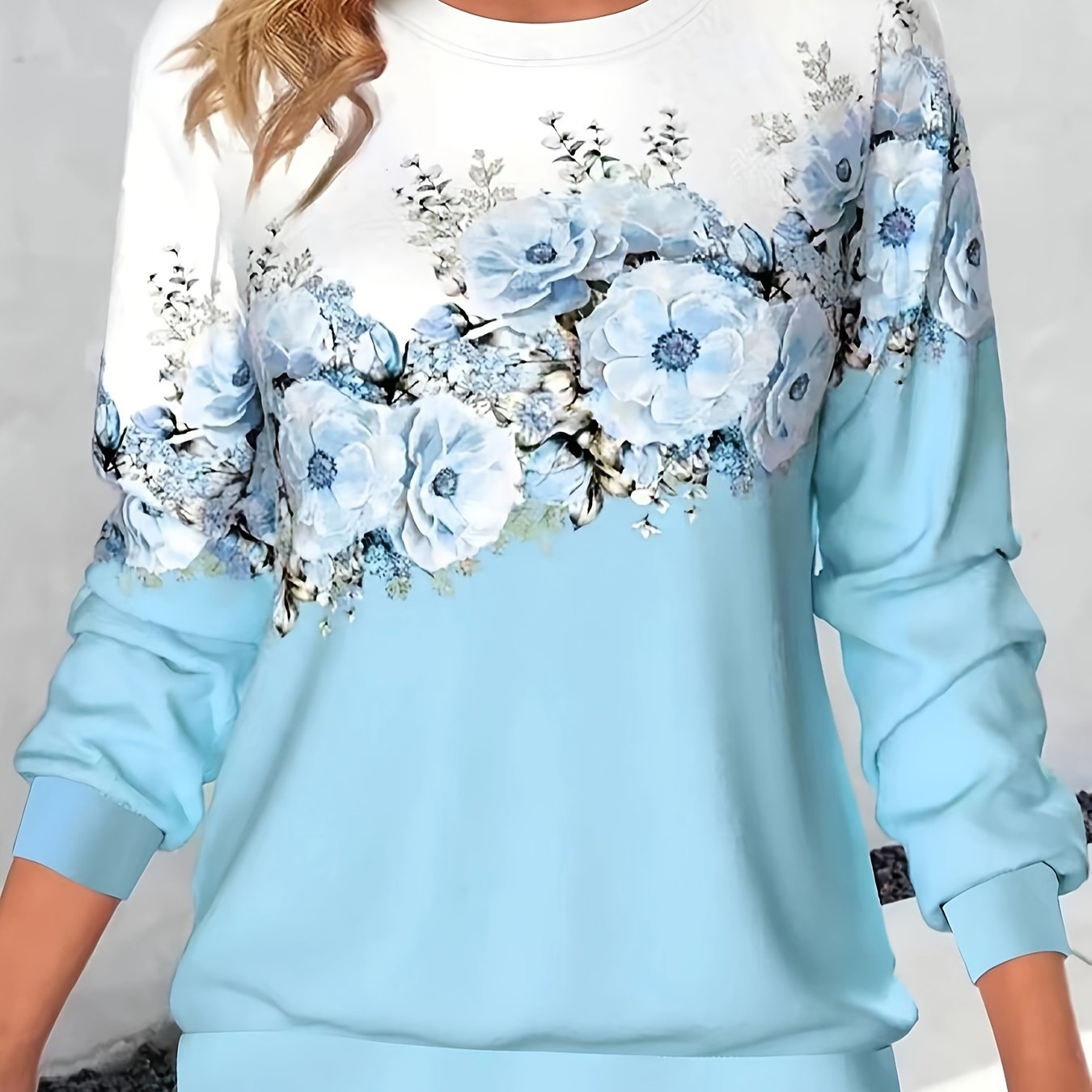 vlovelaw Crew Neck Flowers Print Sweatshirt, Casual Sports Running Long Sleeve Tops, Women's Clothing