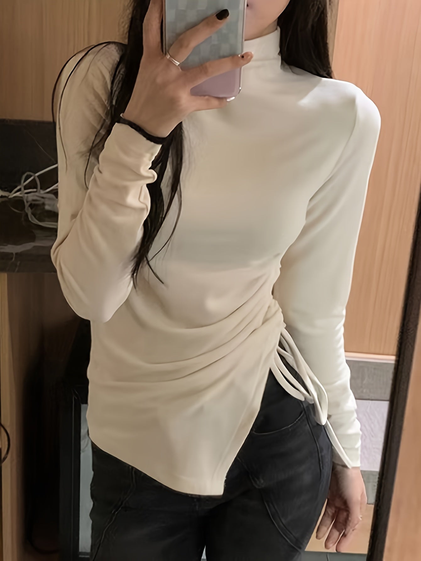 vlovelaw Solid Mock Neck Asymmetrical T-shirt, Casual Drawstring Side Long Sleeve Slim Top, Women's Clothing