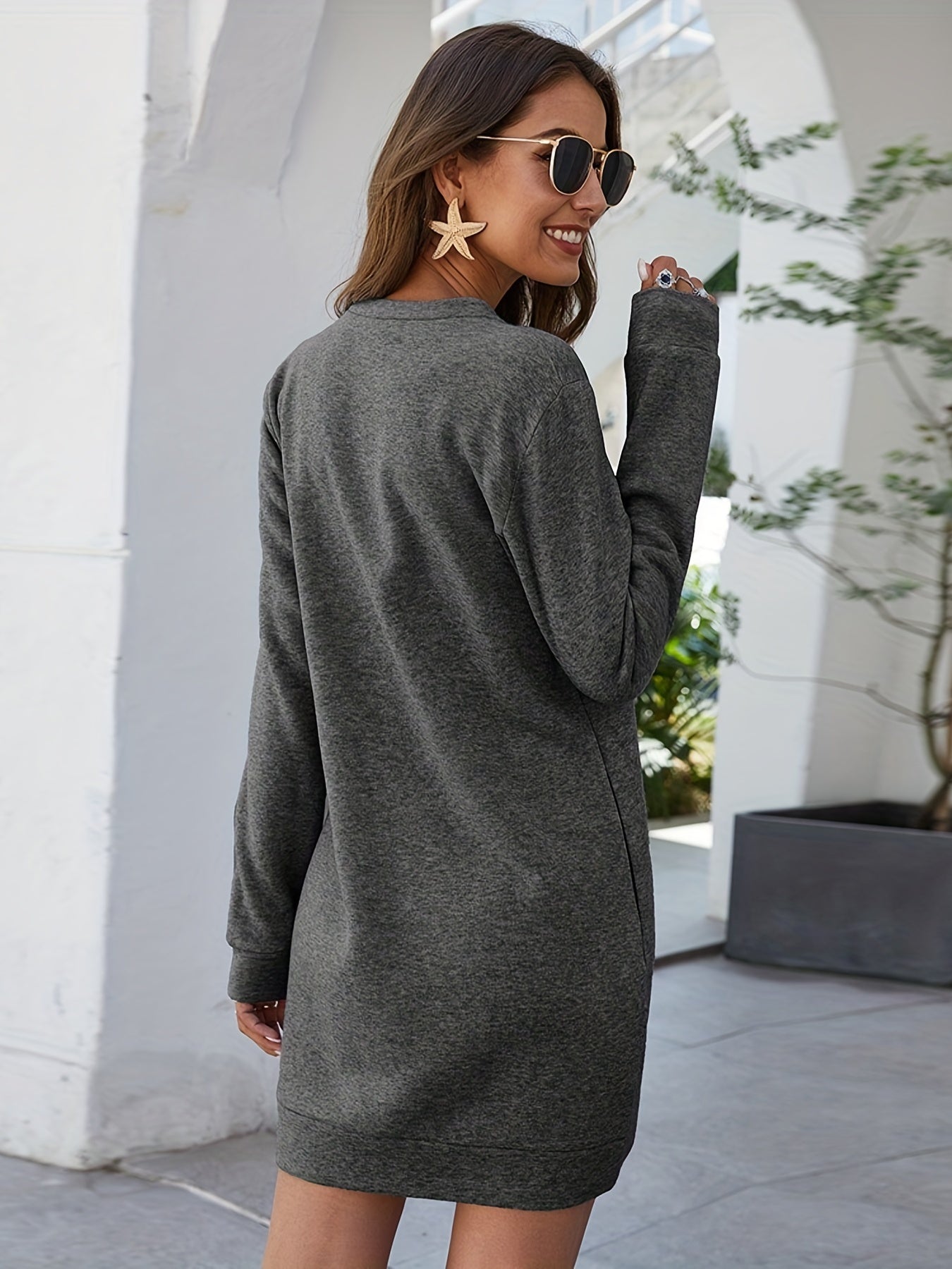 Casual Crew Neck Sweatshirt Dress, Long Sleeve With Pocket Sweatshirt Dresses , Women's Clothings