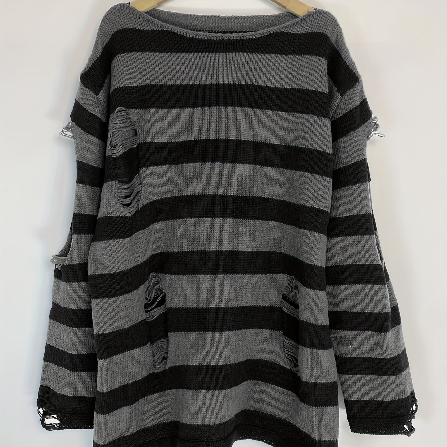 vlovelaw Grunge Striped Print Ripped Knit Sweater, Street Wear Long Sleeve Sweater, Women's Clothing
