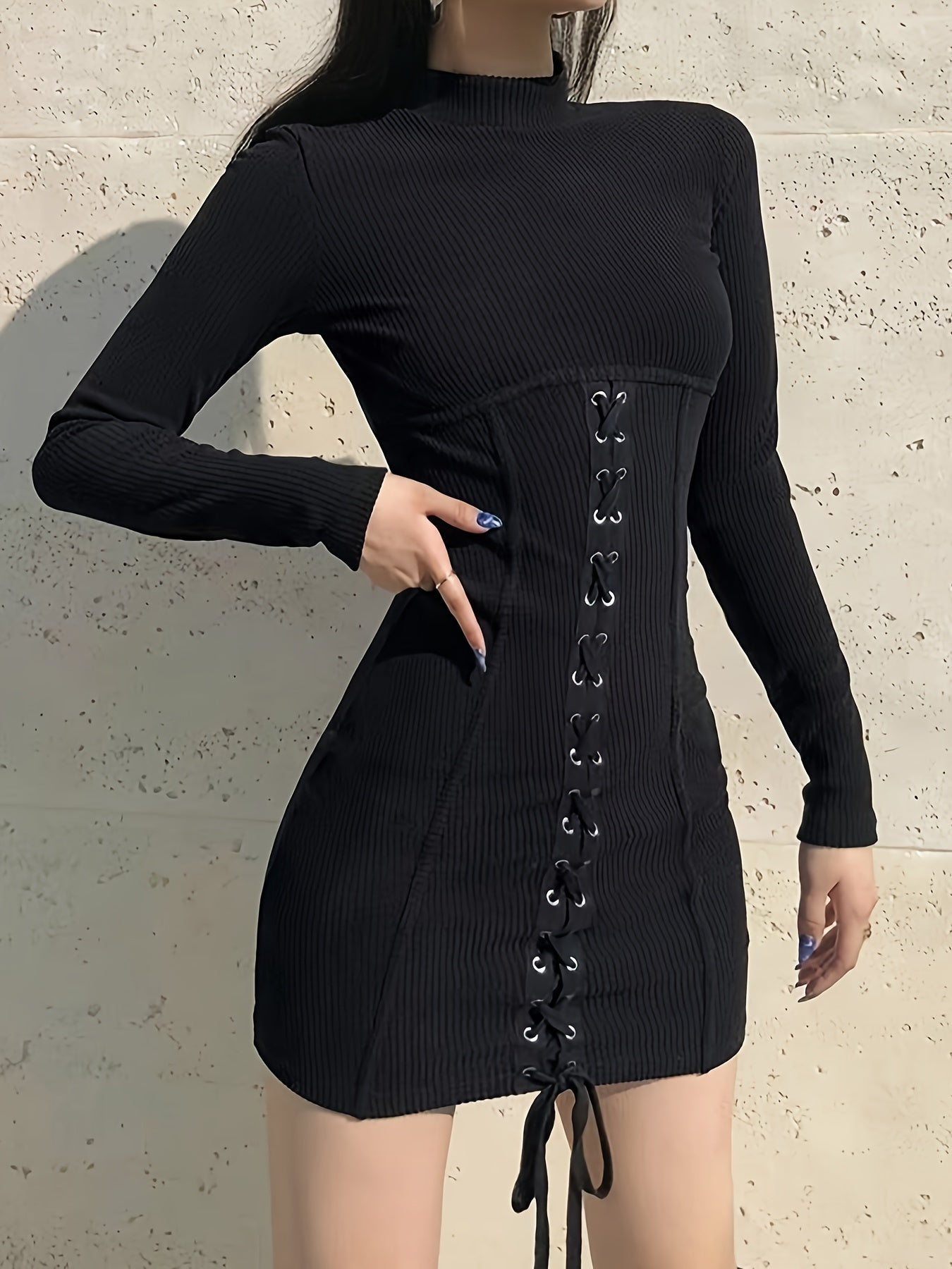 vlovelaw Bodycon Lace Up Long Sleeve Dress, Y2K Mock Neck Slim Dress, Women's Clothing