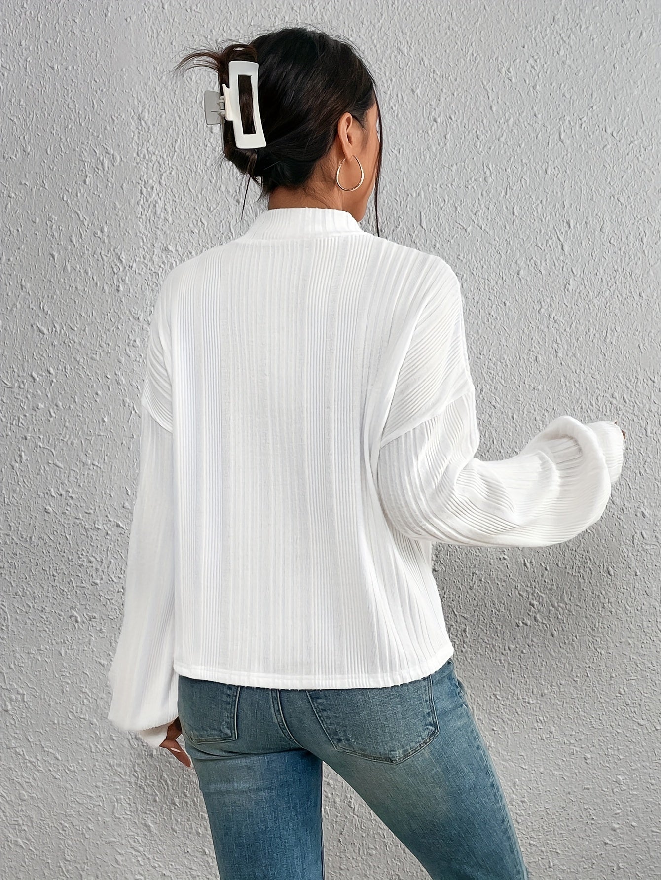 Solid Mock Neck Simple T-Shirt, Versatile Lantern Sleeve Drop Shoulder T-Shirt For Spring & Fall, Women's Clothing