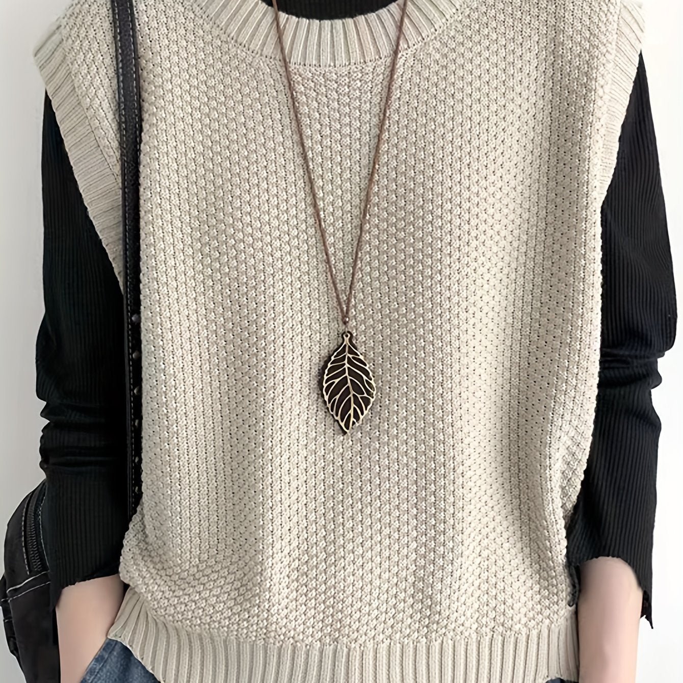 vlovelaw vlovelaw Solid Crew Neck Sweater Vest, Casual Sleeveless Vest For Spring & Fall, Women's Clothing