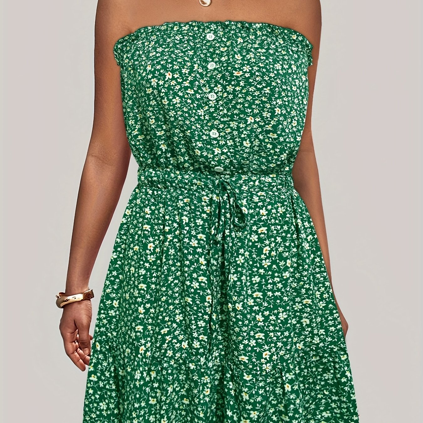 Ditsy Floral Off Shoulder Dress, Sexy Sleeveless Drawstring Summer Dress, Women's Clothing
