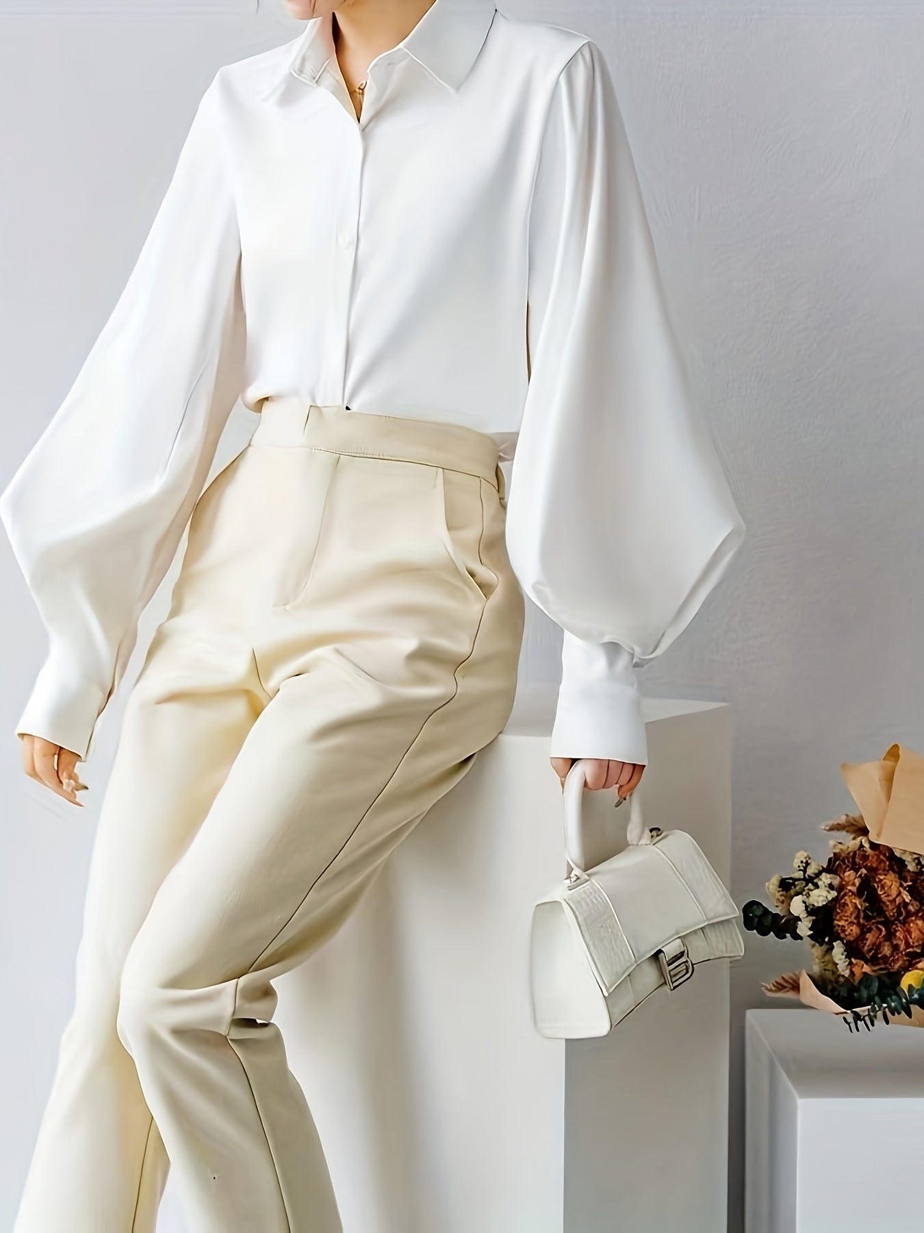 vlovelaw Solid Polo Collar Blouse, Casual Long Lantern Sleeve Blouse For Spring & Fall, Women's Clothing