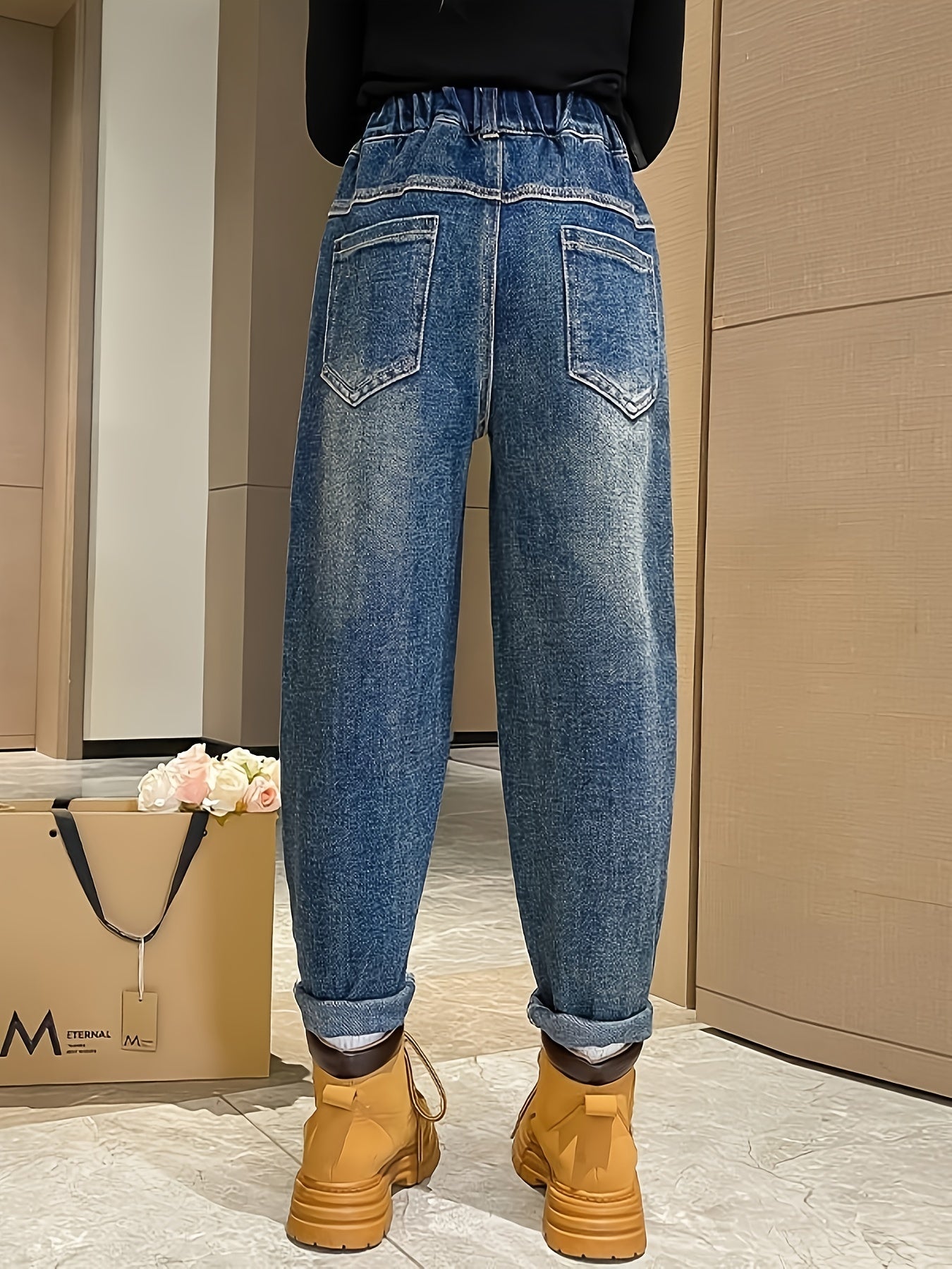 Kid's Chic Elastic Waist Jeans, Denim Pants With Pockets, Girl's Novelty Clothes For Spring Fall Winter