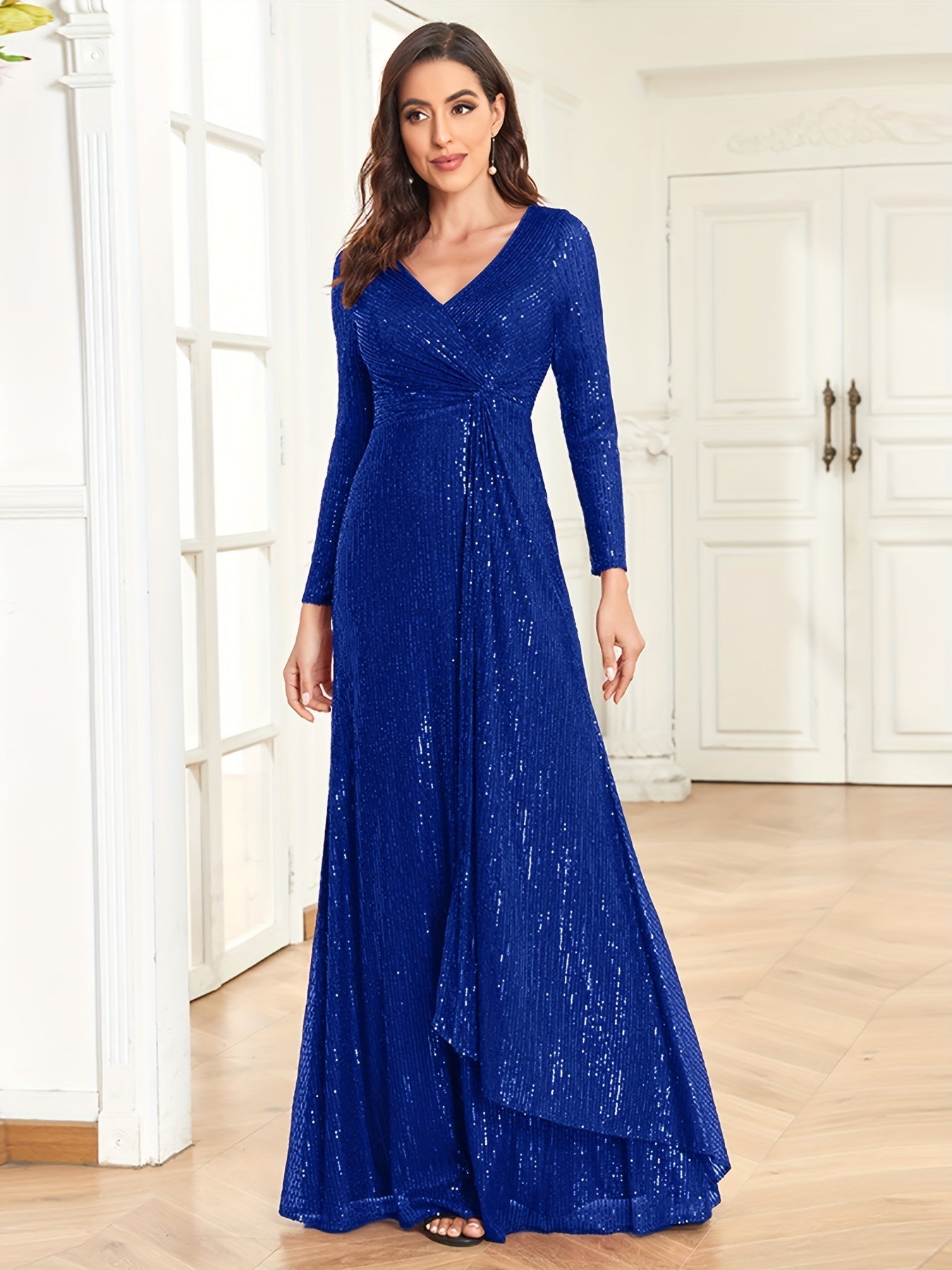 vlovelaw Sequined Twist Front Dress, Elegant Long Sleeve V-Neck Dress For Party, Women's Clothing