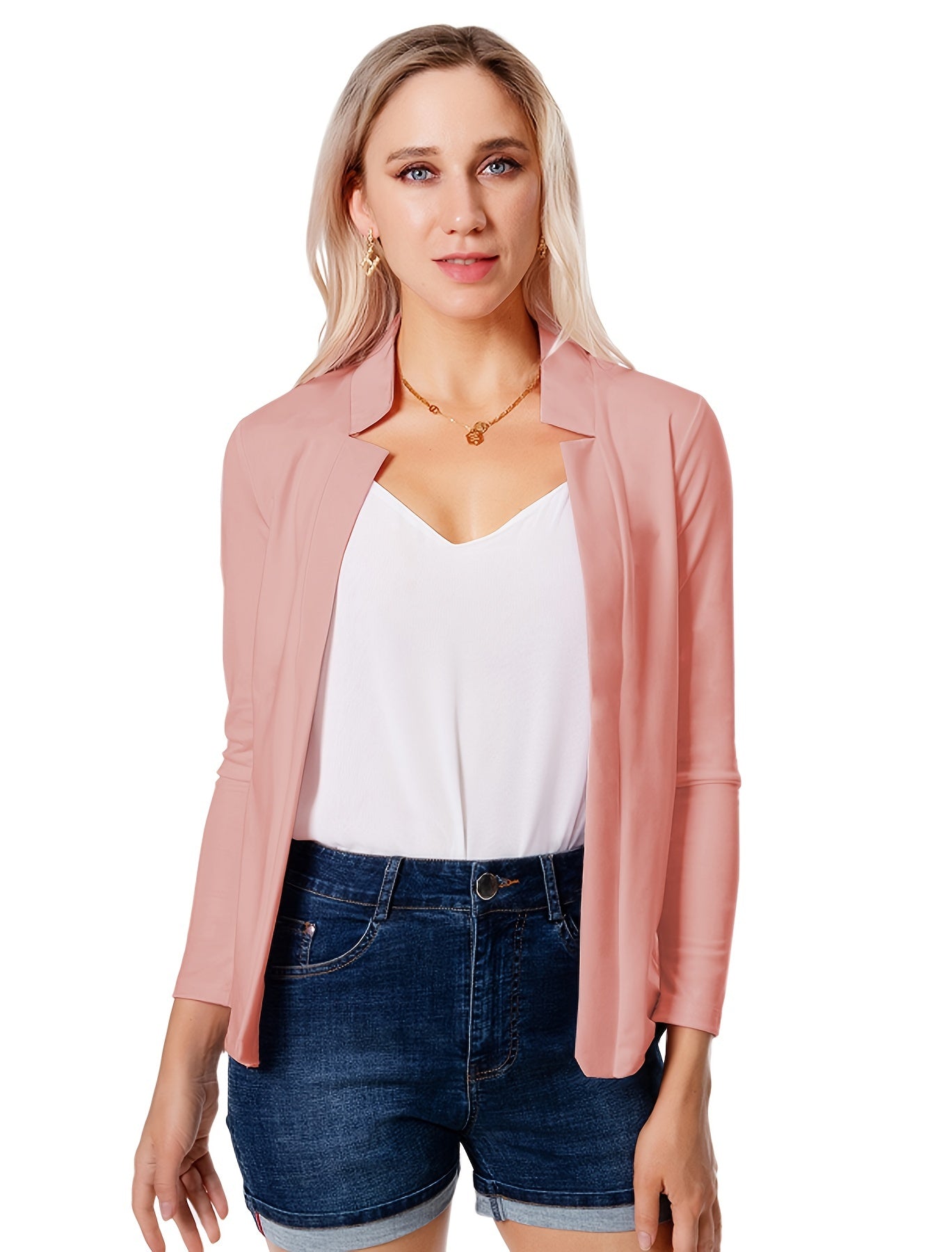 Solid Open Front Blazer, Elegant Long Sleeve Blazer For Office & Work, Women's Clothing