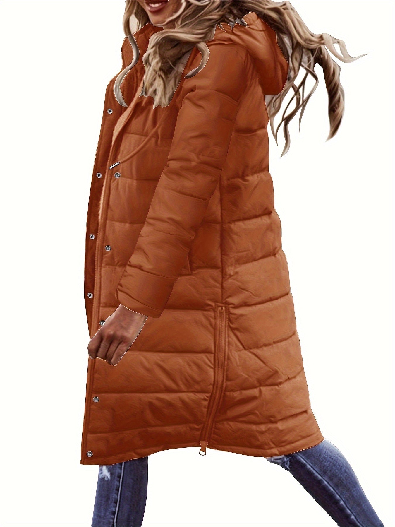 vlovelaw Button Front Hoodie Puffy Coat, Casual Long Sleeve Warm Outwear For Winter, Women's Clothing