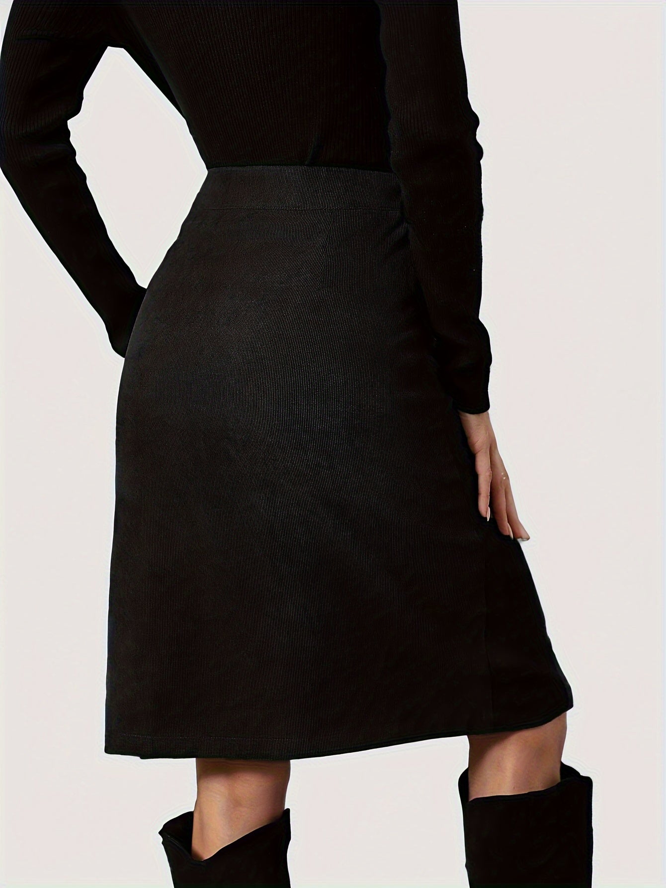 Solid Button Front Corduroy Skirt, Casual High Waist Knee Length Skirt, Women's Clothing