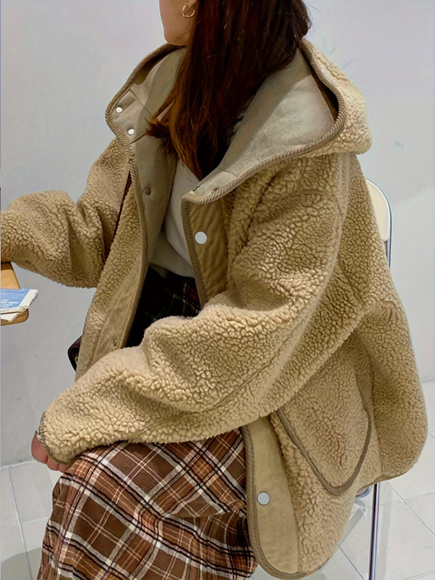 vlovelaw Solid Hooded Teddy Coat, Casual Button Front Long Sleeve Winter Outerwear, Women's Clothing