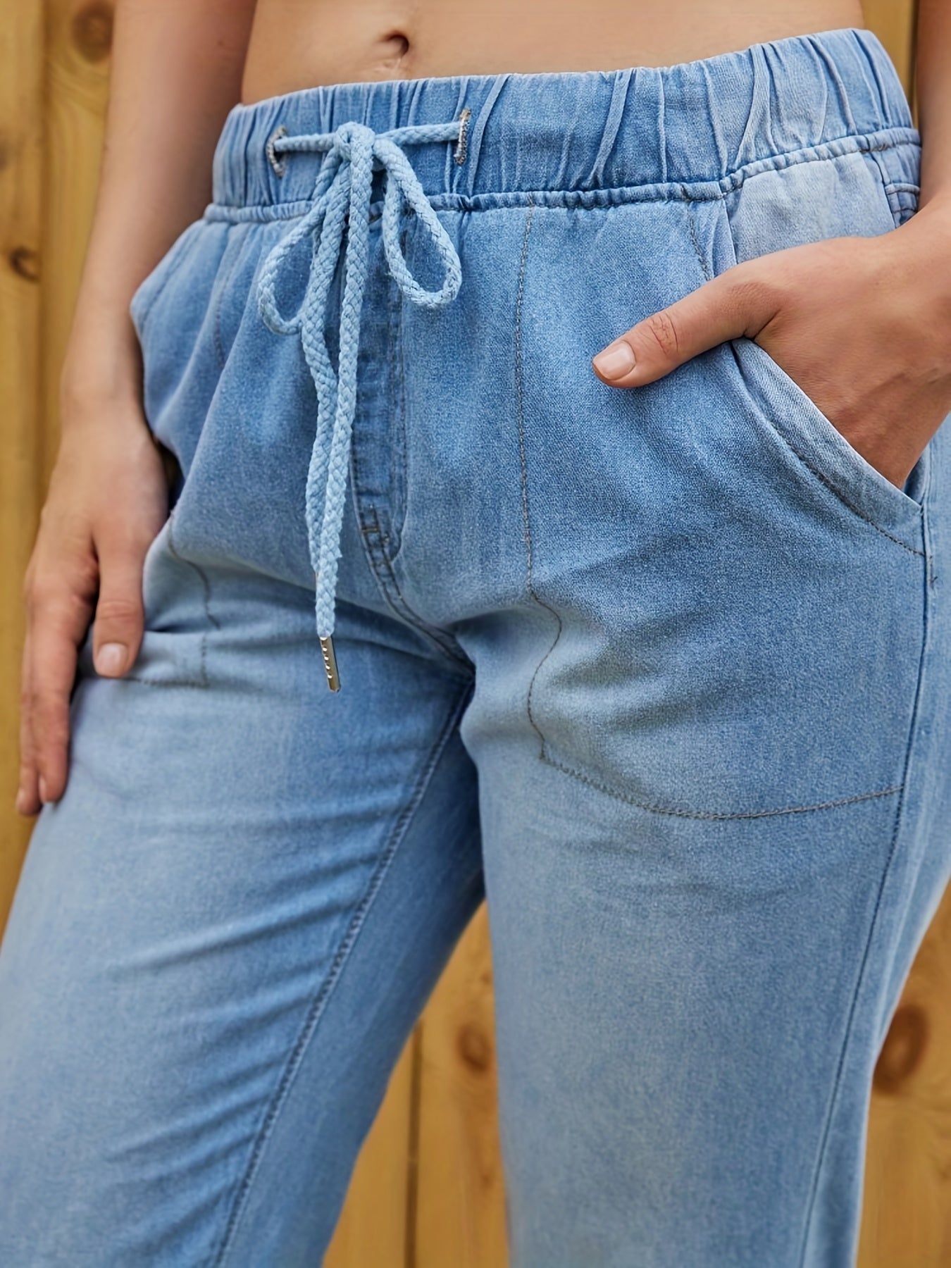 vlovelaw Blue Elastic Waist Jogger Pants, Slash Pockets Straight Legs Mid-Waist Denim Pants, Women's Denim Jeans & Clothing