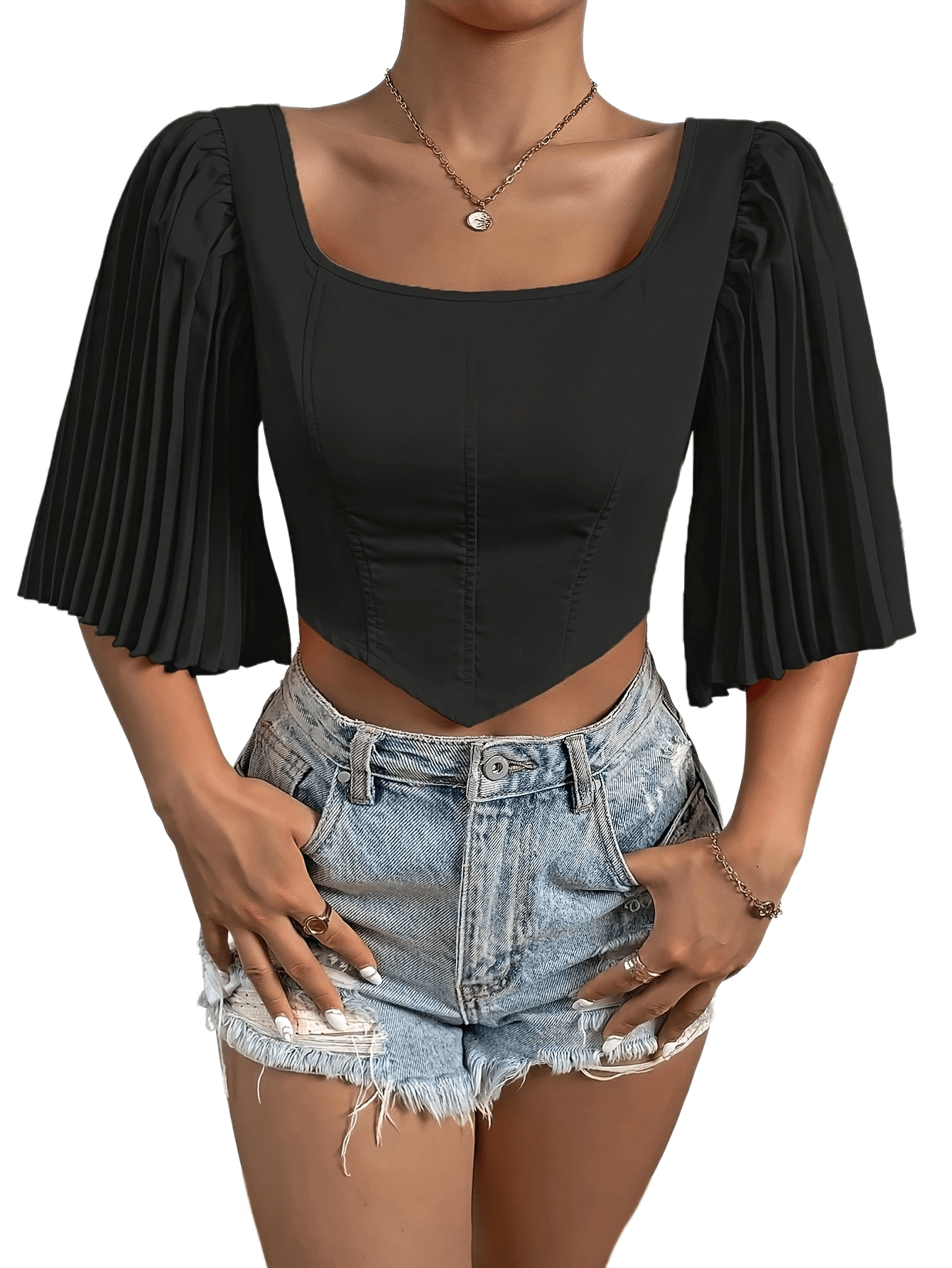 vlovelaw Solid Color Striped Spliced T-shirt, Boho Bustier Tie Back Short Sleeve T-Shirt For Spring & Summer, Women's Clothing