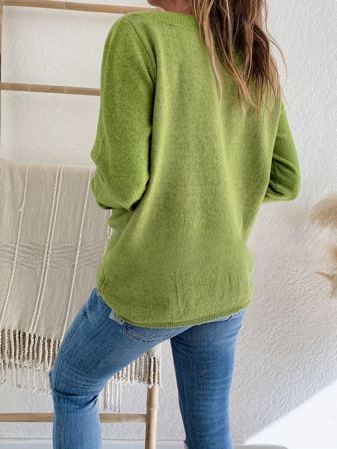 vlovelaw Solid Versatile Knit Sweater, Casual V Neck Long Sleeve Sweater With Buttons, Women's Clothing