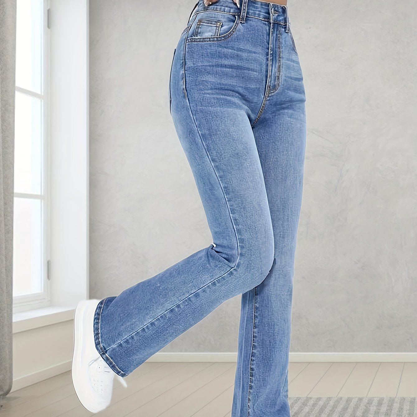 vlovelaw Light Blue Casual Bootcut Jeans, Mid-Stretch Slant Pockets High Waist Denim Pants, Women's Denim Jeans & Clothing