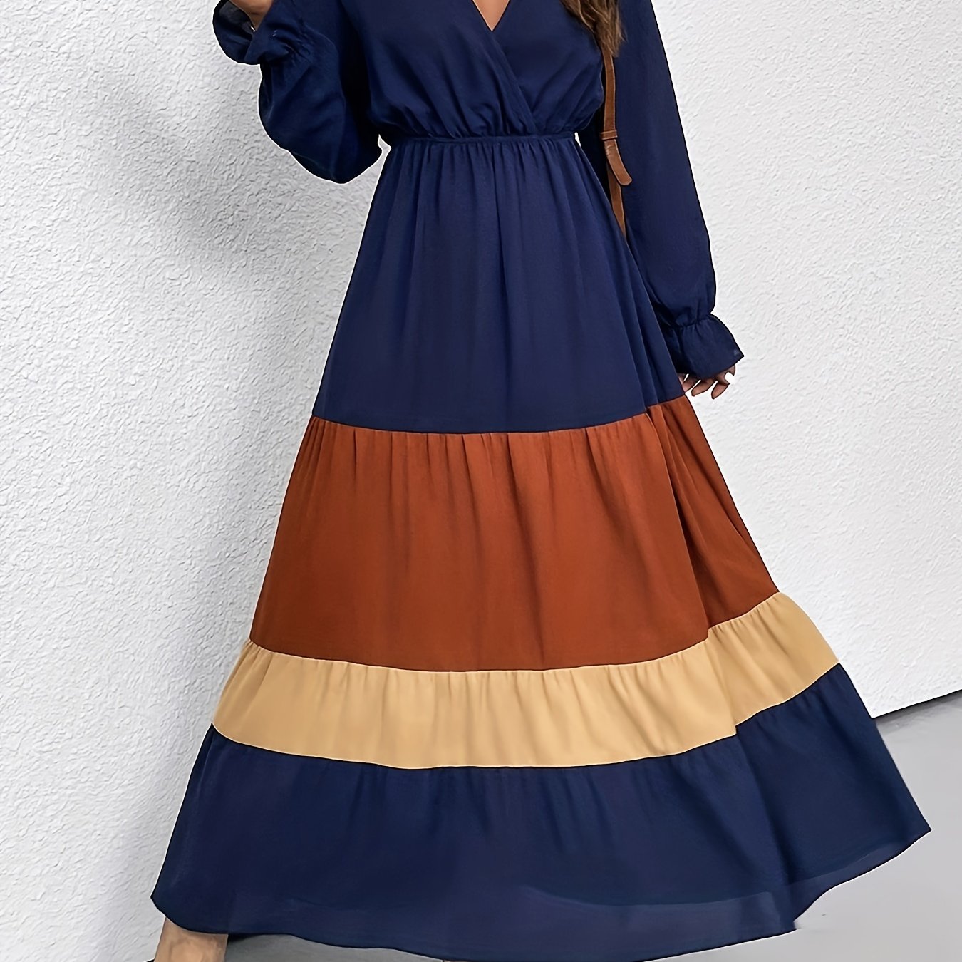 vlovelaw Color Block Ruffle Long Sleeve Dress, Casual Surplice Neck Cinched Waist Dress For Spring & Fall, Women's Clothing