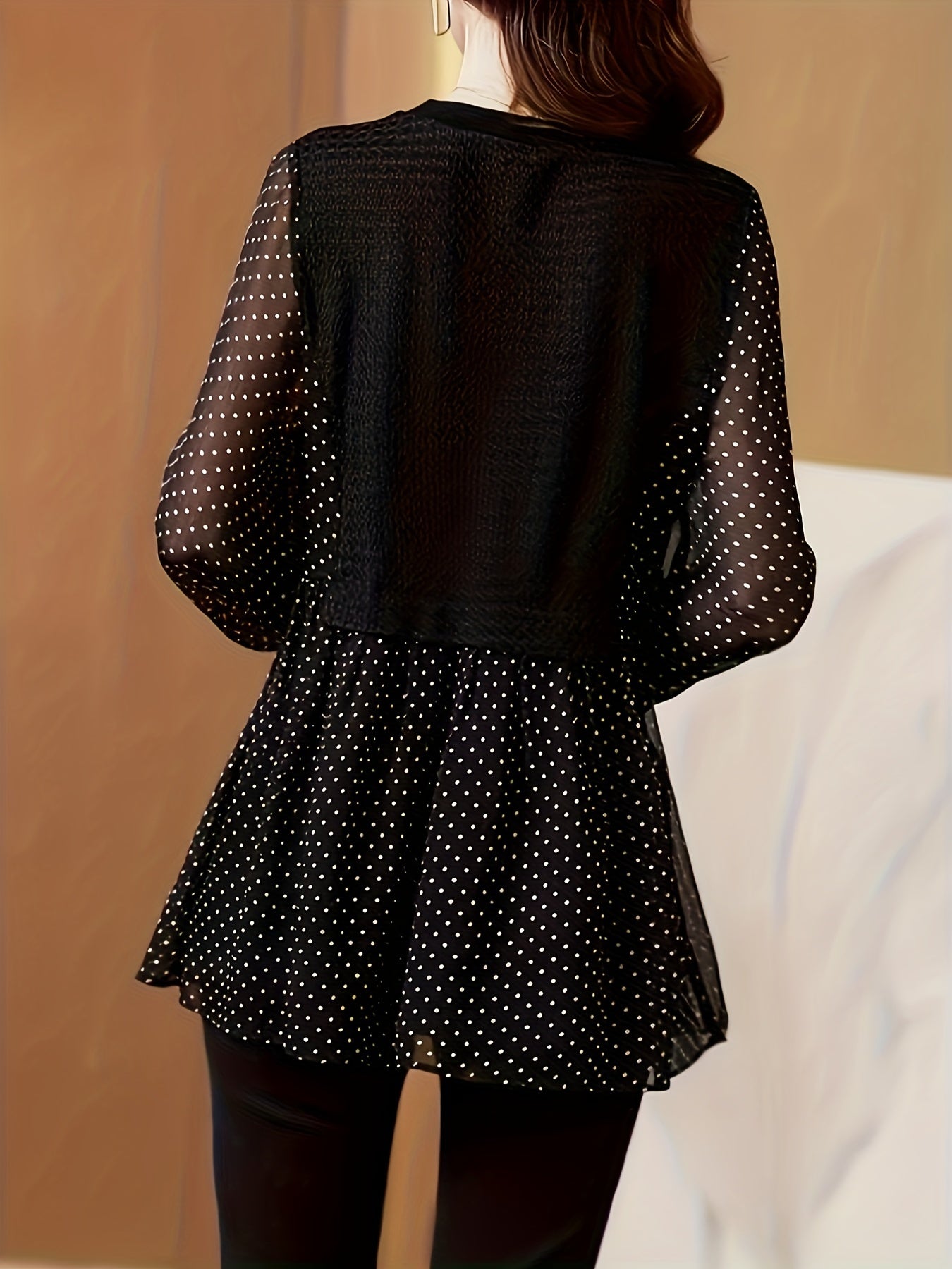 Polka Dot Print Splicing Blouse, Elegant Ruffle Hem Long Sleeve Blouse, Women's Clothing