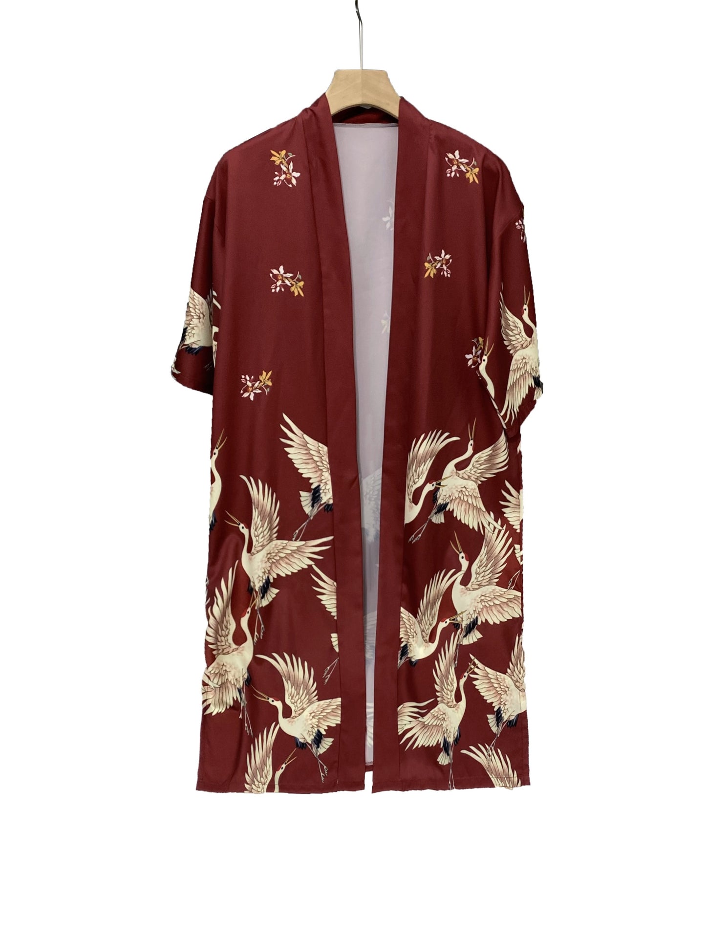 vlovelaw Crane Print Split Kimono, Elegant Open Front Long Sleeve Coat For Spring & Fall, Women's Clothing