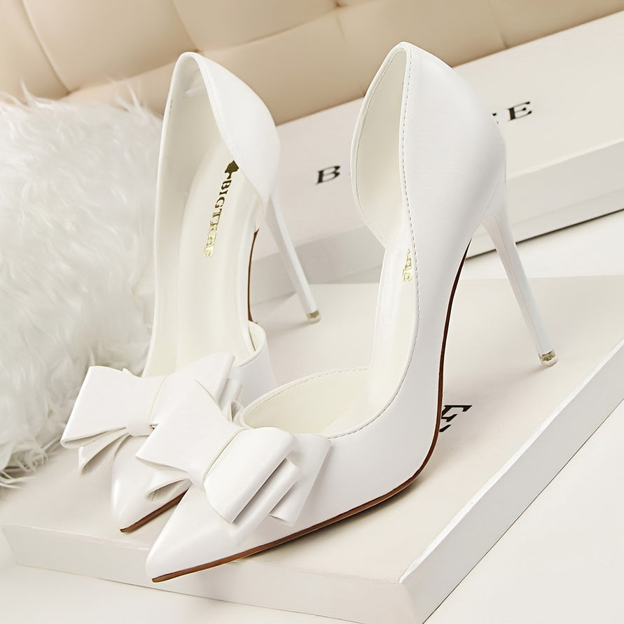 vlovelaw Women's Elegant Bowknot Decor Stiletto Heels, Fashion Pointed-Toe Pumps, Cut-Out Side Design Heels