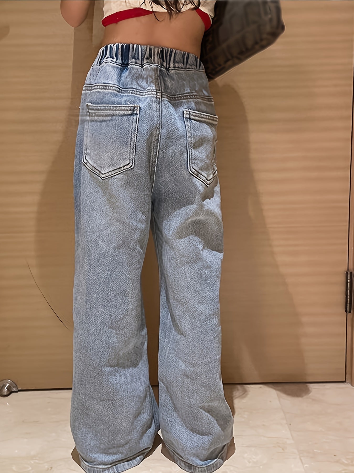 Kids Ripped Jeans Baggy Fit Wide Leg Denim Pants For Girls Boys