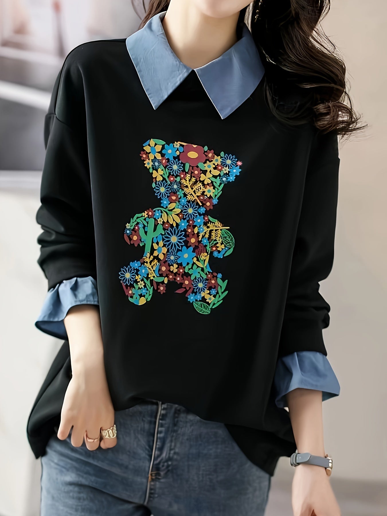 vlovelaw Bear Pattern Faux Twinset Sweatshirt, Casual Long Sleeve Lapel Sweatshirt, Women's Clothing