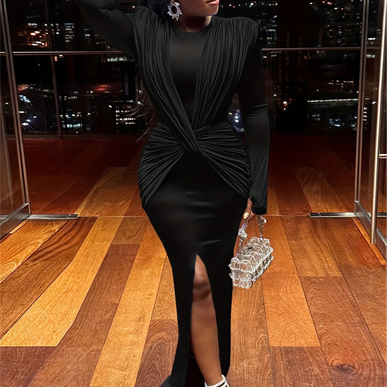 vlovelaw Asymmetrical Split Hem Maxi Dress, Y2K Long Sleeve Dress, Women's Clothing