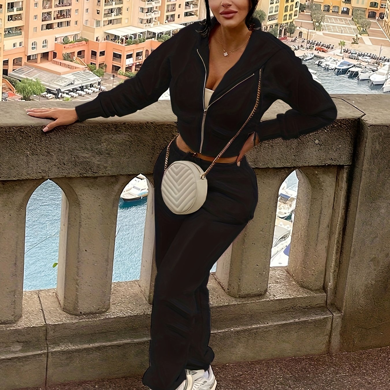 vlovelaw Solid Casual Two-piece Set, Zip Up Hooded Drawstring Long Sleeve Outerwear & Pants Outfits, Women's Clothing